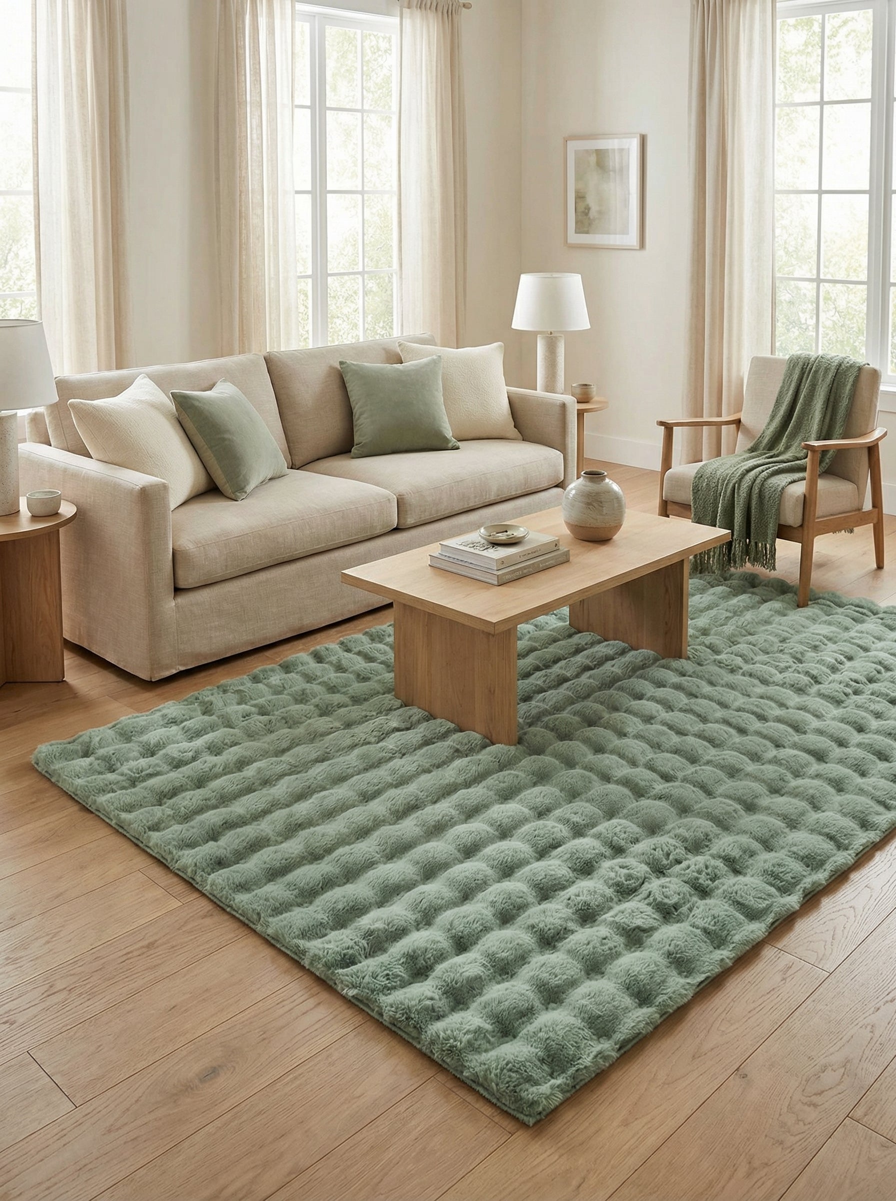 Tapis rectangulaire vert sauge pelucheux, avec des motifs en relief carrés, au sol d'un salon lumineux