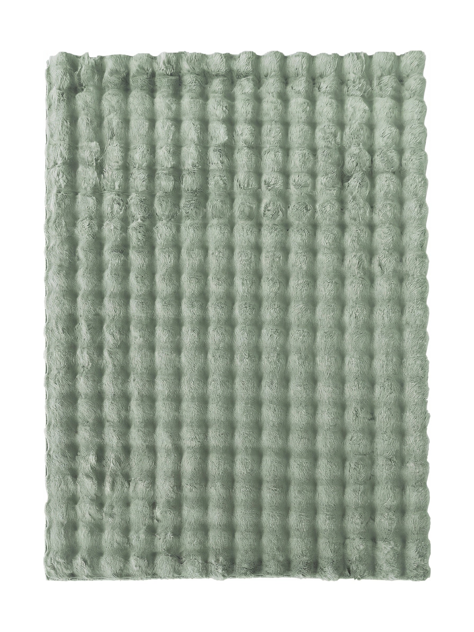 Tapis vert sauge à l'aspect doux et pelucheux, avec des motifs de bulles ou pompons tuftés