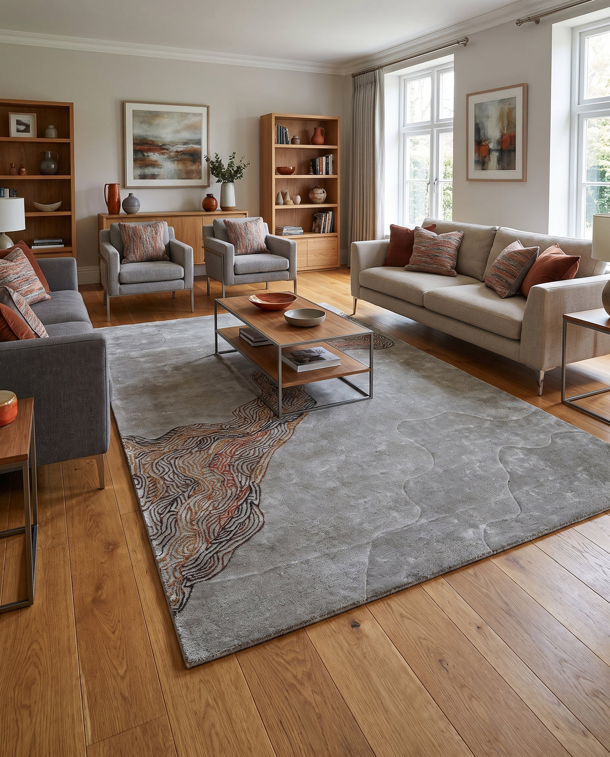 Aux motifs en relief, ce tapis fait main en tencel et laine gris et terracotta anime un salon contemporain