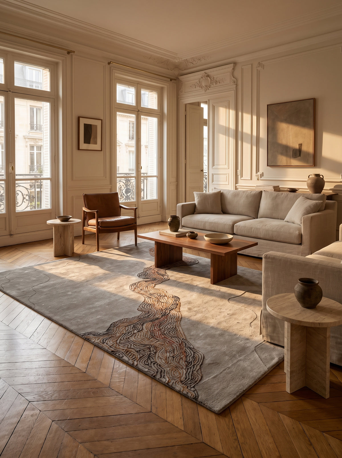 Motifs ondulants en relief gris et terracotta ornent ce tapis fait main en tencel et laine, dans un salon haussmannien