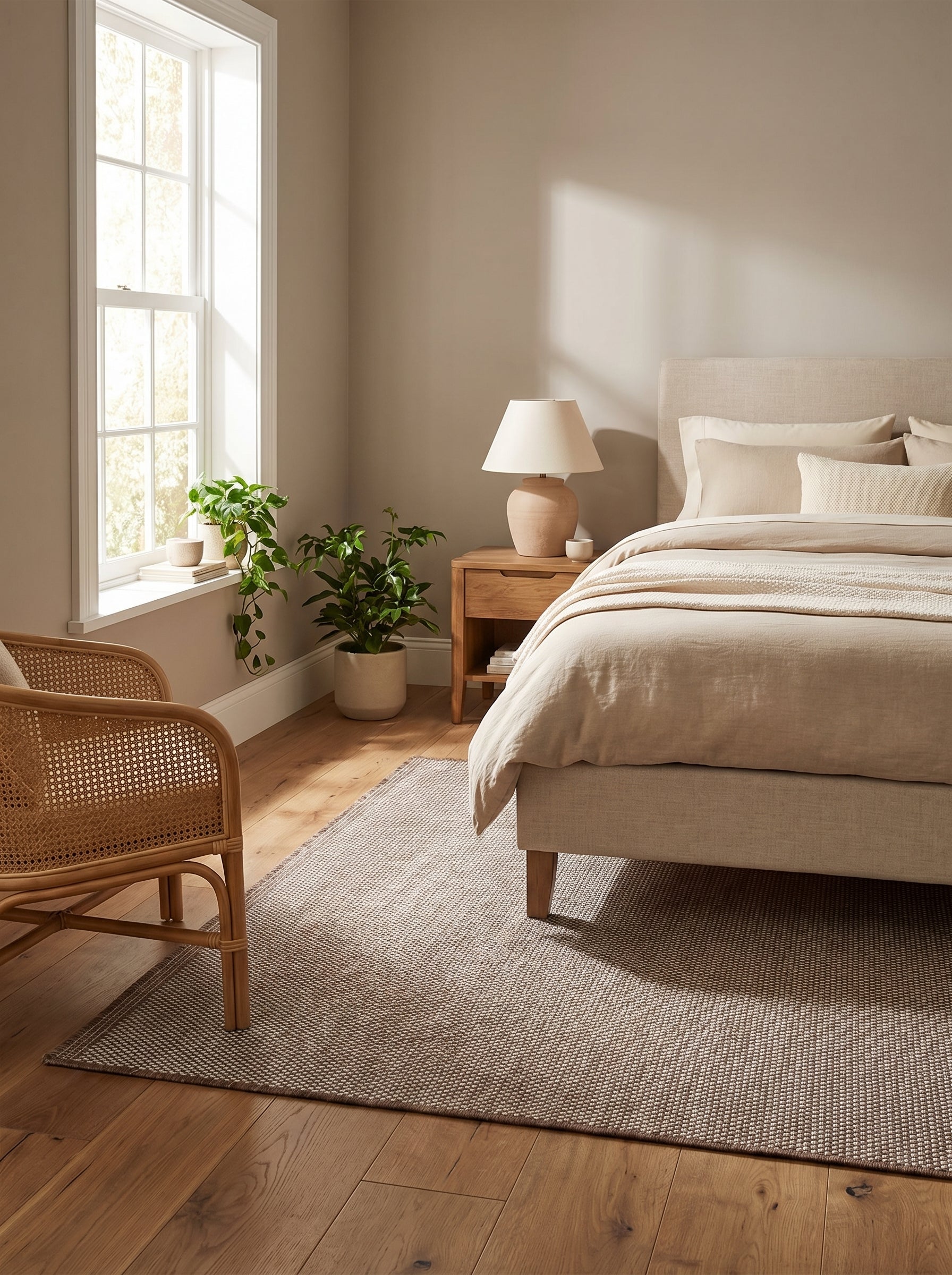 Tapis rectangulaire tissé de fibres beiges et brunes créant un motif moucheté, posé sur un parquet dans une chambre cosy