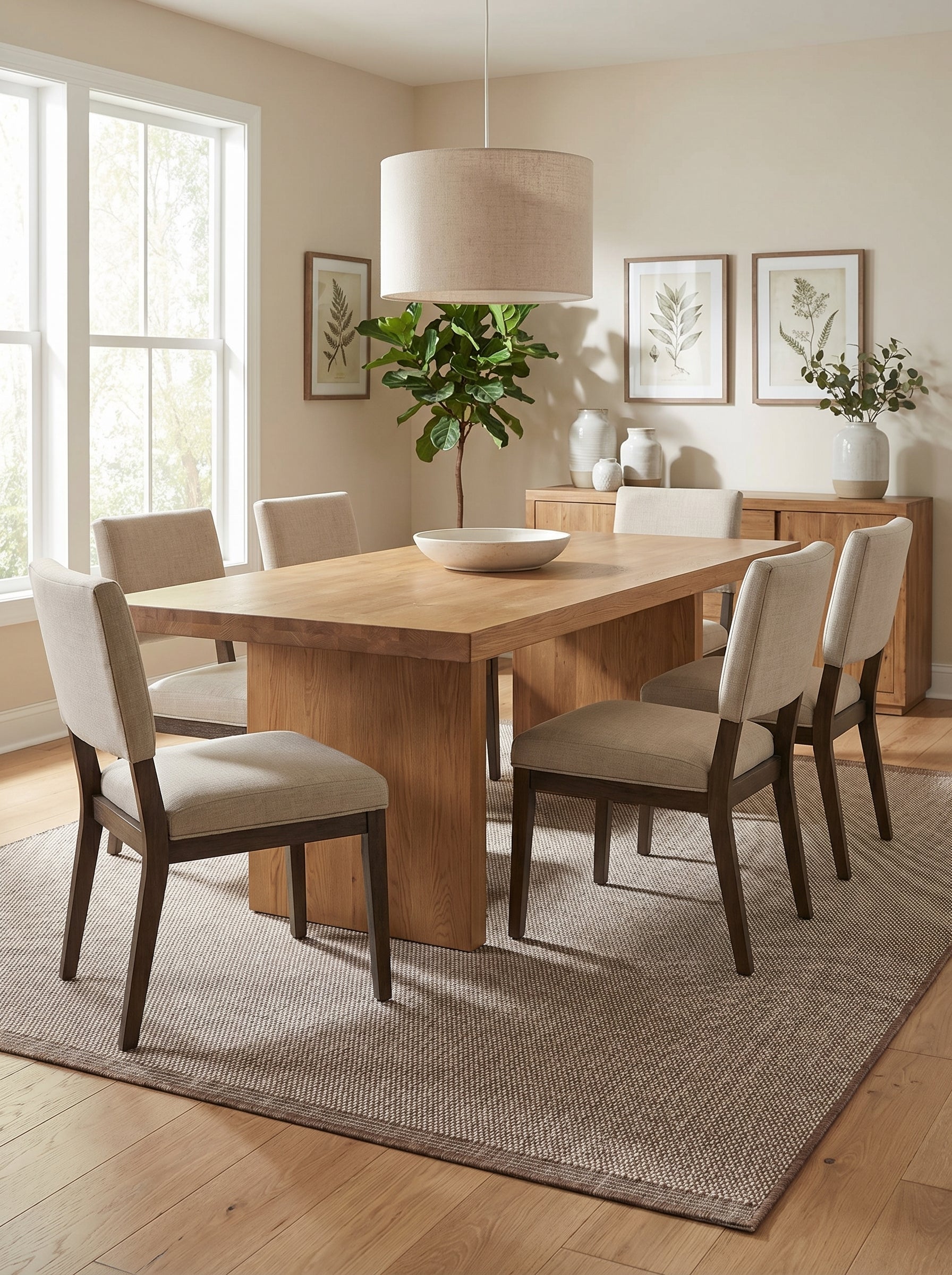 Tapis rectangulaire à tissage serré bicolore beige et marron, avec une bordure plus foncée, dans une salle à manger lumineuse