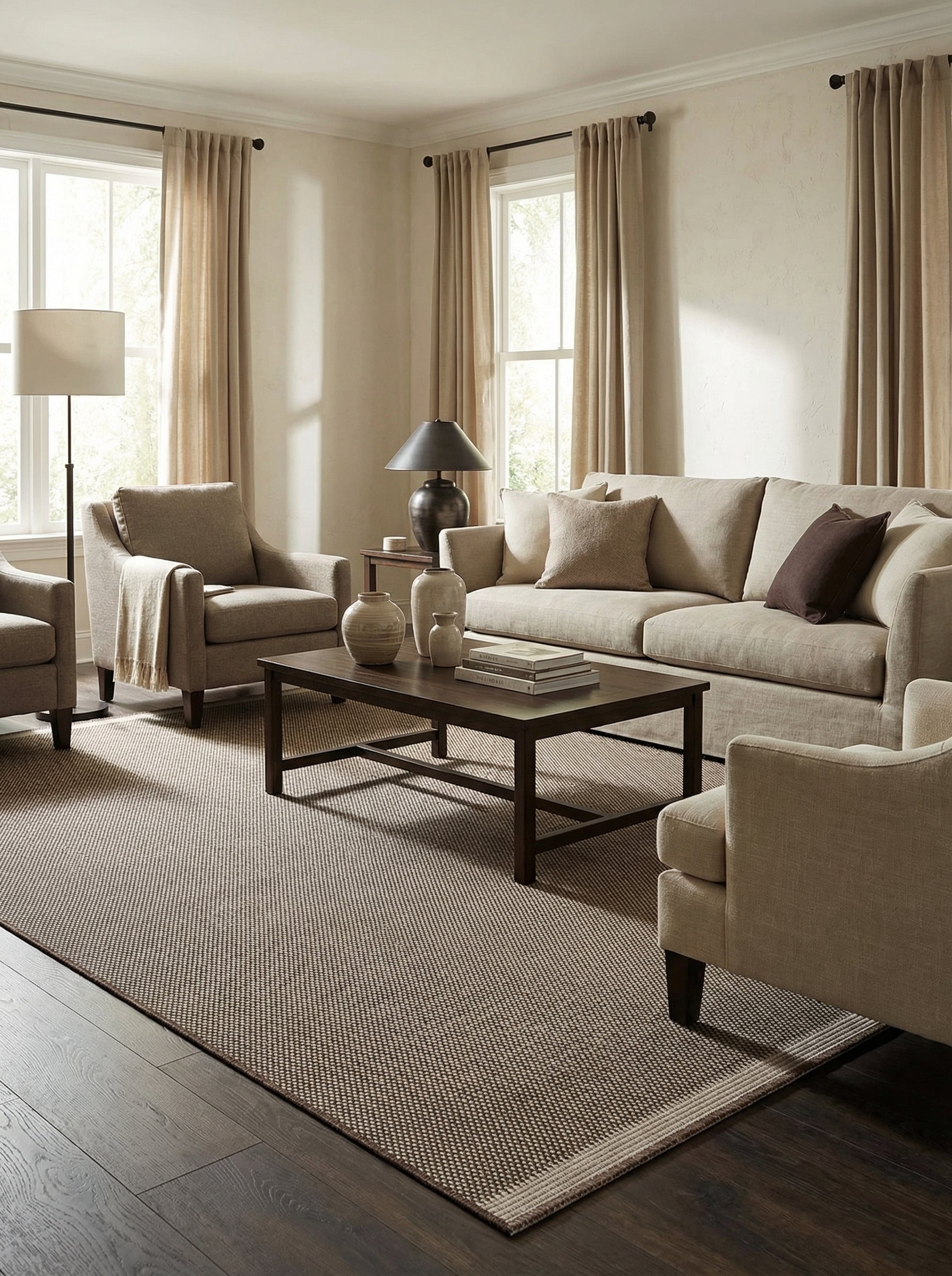 Tapis rectangulaire tissé en fibres naturelles, motif chiné beige et marron avec un liseré clair, dans un salon