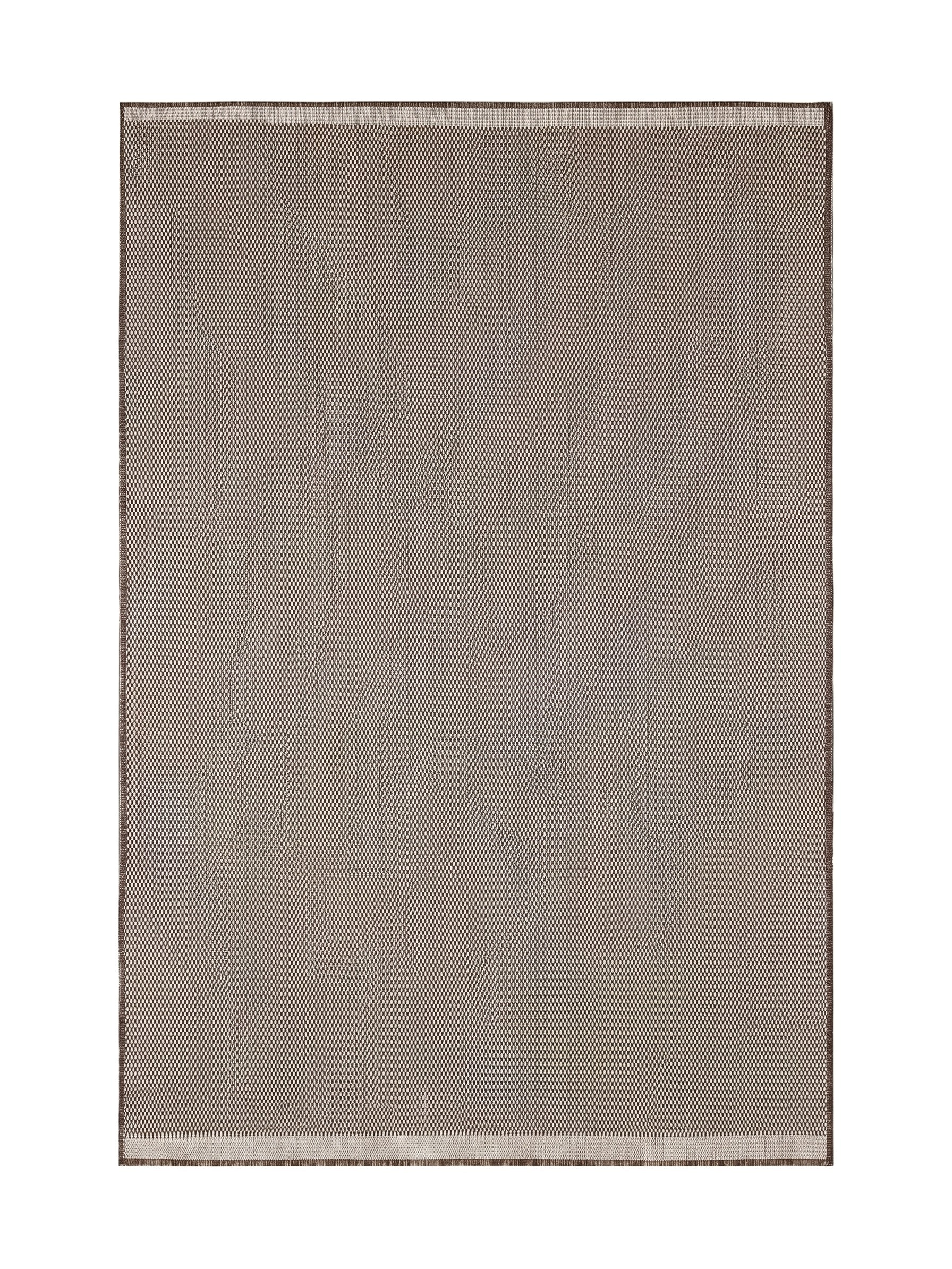 Tapis rectangulaire au tissage quadrillé marron et beige, avec une bande unie plus claire visible sur un bord