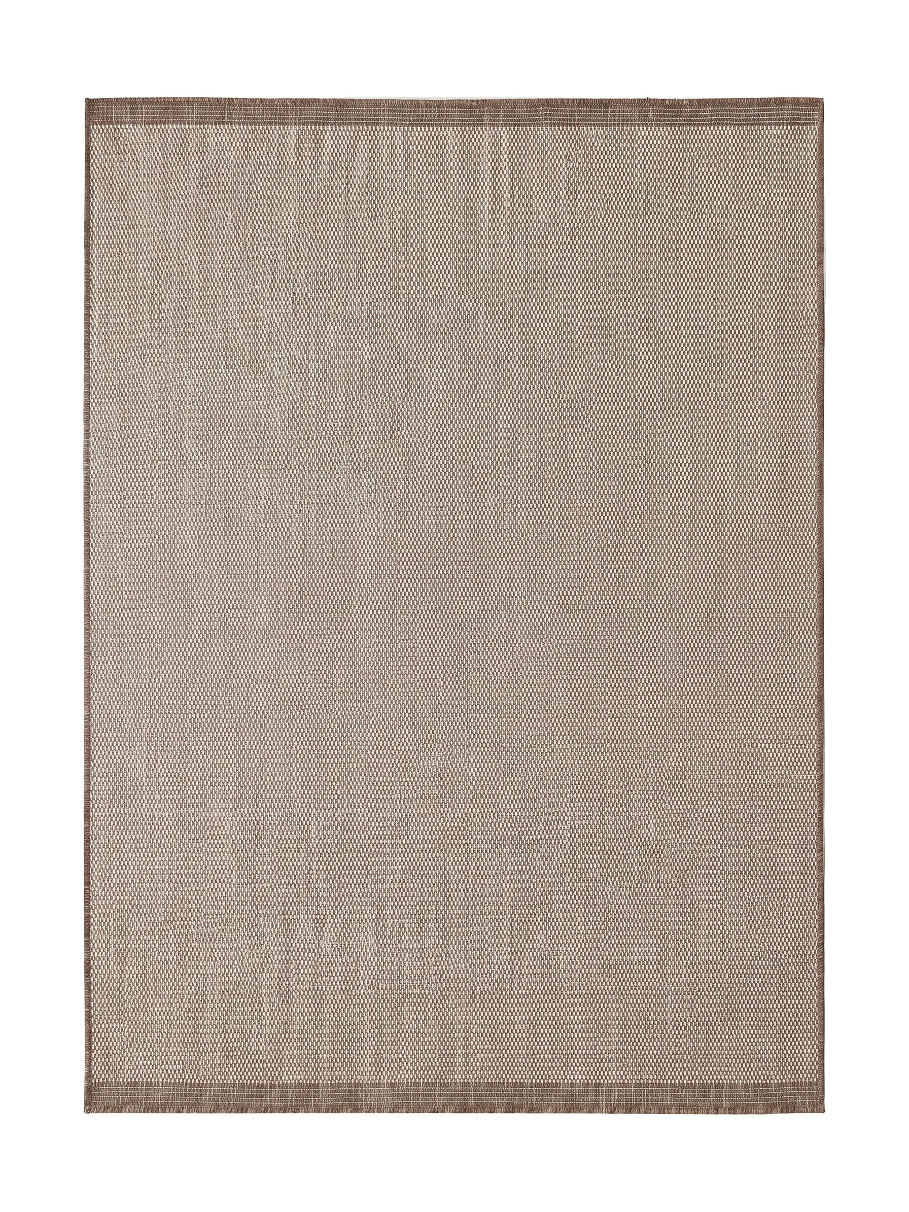 Tapis rectangulaire à motifs de petits carreaux tissés beige clair, avec une bordure marron foncé unie