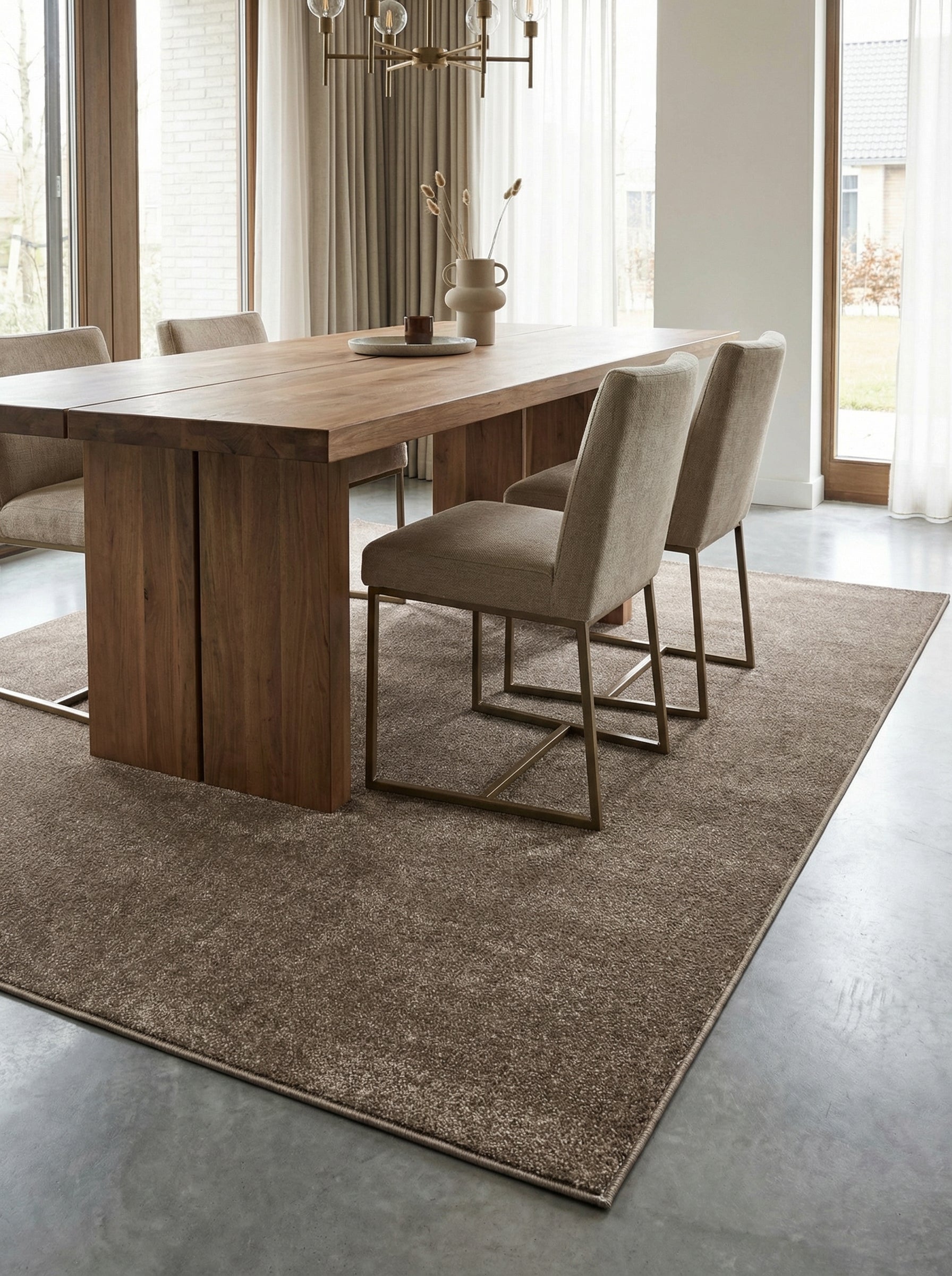 Tapis rectangulaire à poils ras, chiné marron-gris, sous une table en bois et des chaises modernes dans une salle à manger lumineuse