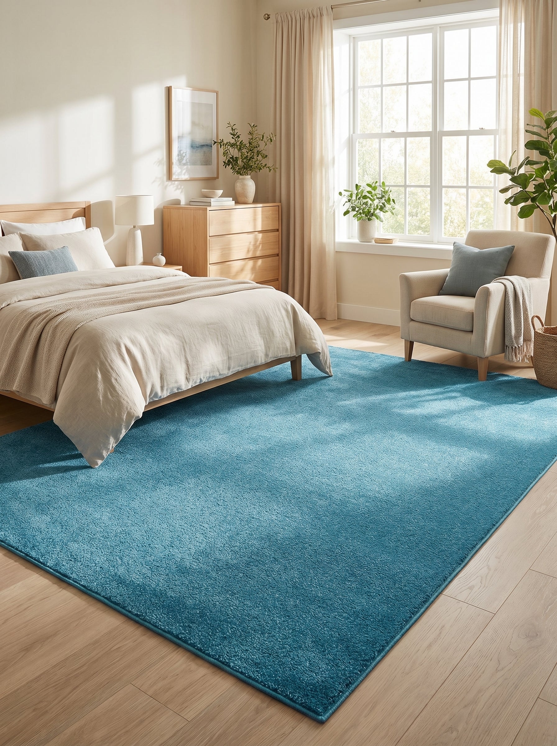 Grand tapis rectangulaire bleu turquoise à poils doux au centre d'une chambre lumineuse
