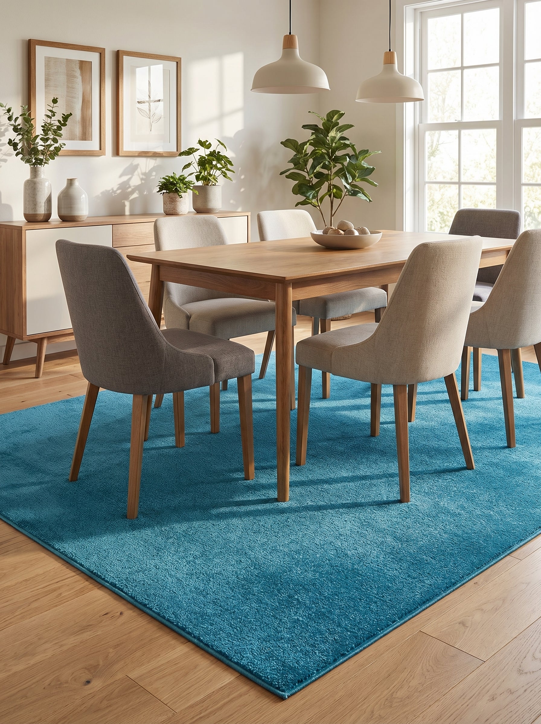 Tapis rectangulaire bleu turquoise uni et texturé, posé sous une table de salle à manger en bois clair