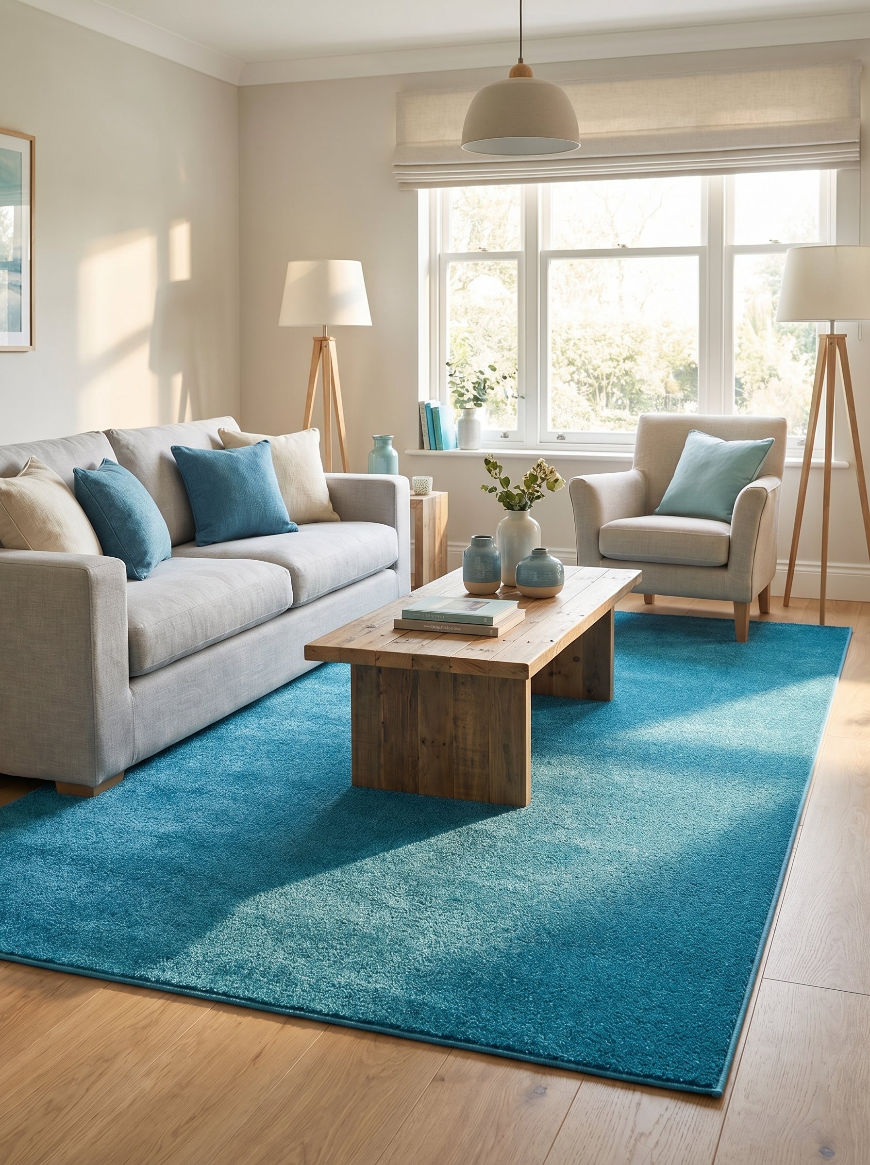 Grand tapis rectangulaire turquoise uni à texture douce posé sur un parquet clair dans un salon lumineux