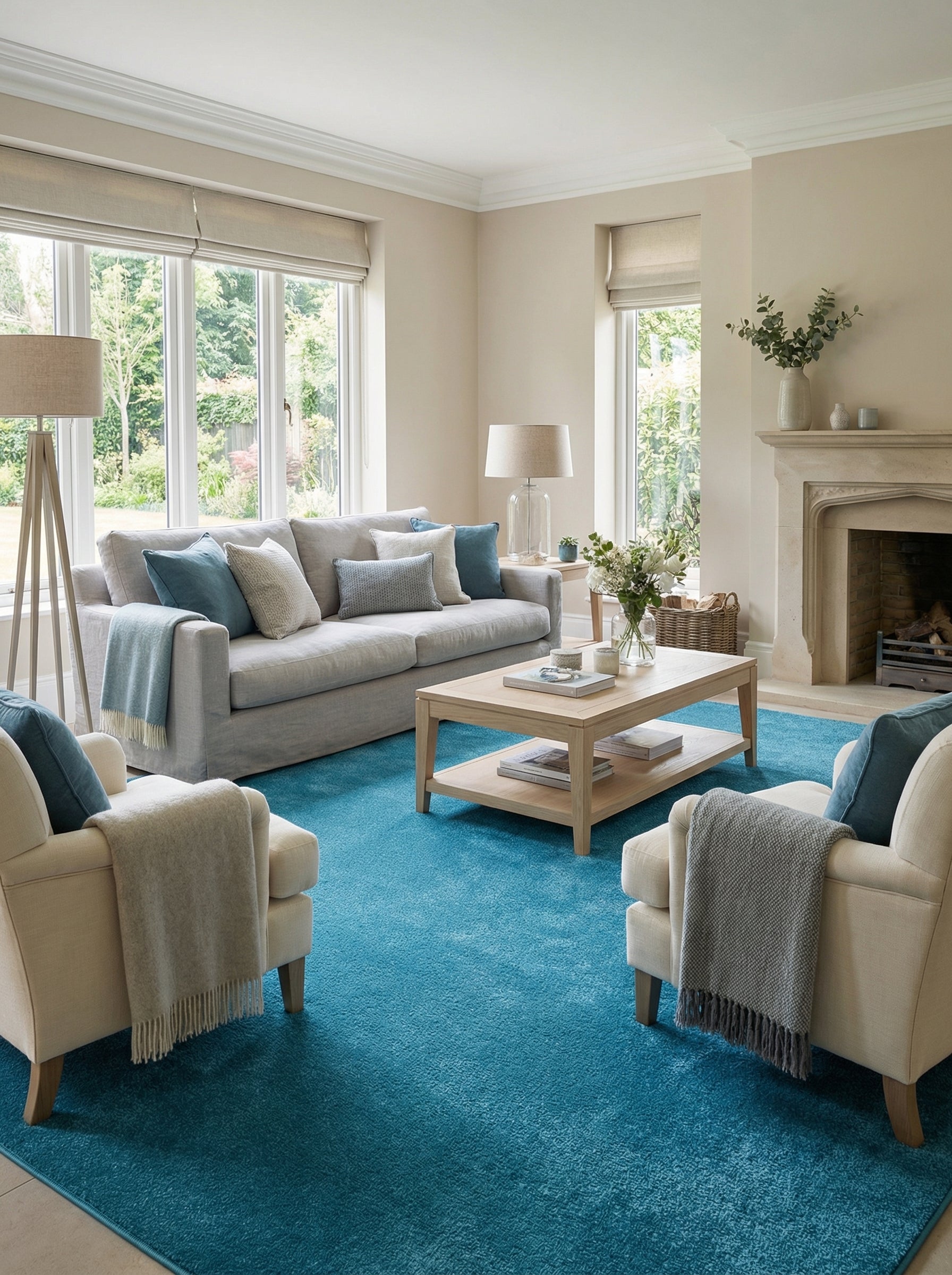 Grand tapis rectangulaire bleu turquoise à la surface texturée, posé au sol dans un salon clair et élégant