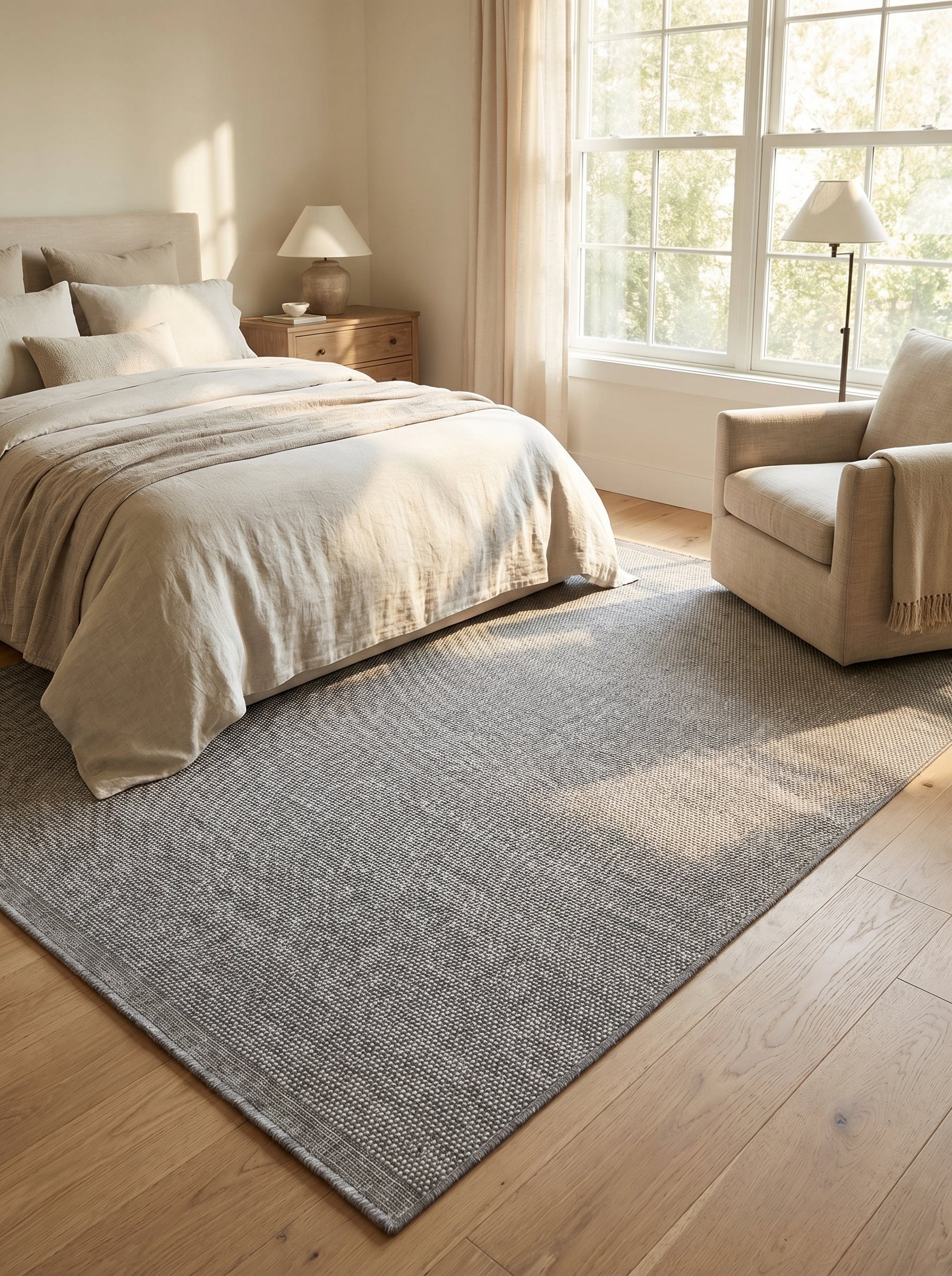 Tapis rectangulaire gris chiné à tissage serré, posé sur un parquet clair dans une chambre lumineuse