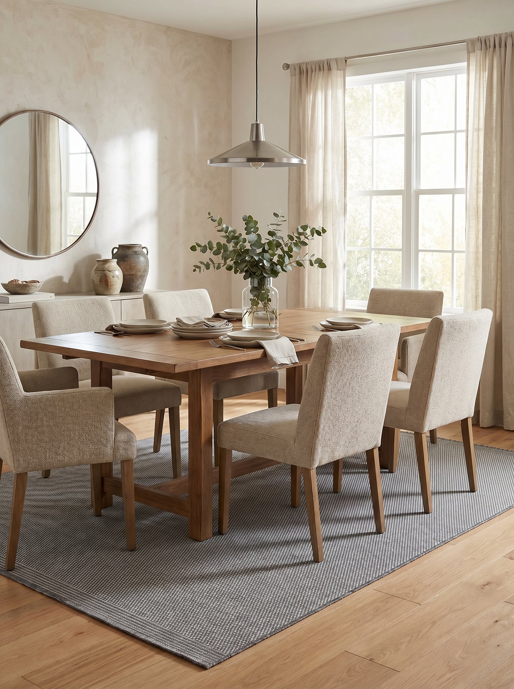 Tapis rectangulaire gris et blanc au motif tissé serré avec une bordure unie, posé sur un parquet dans une salle à manger