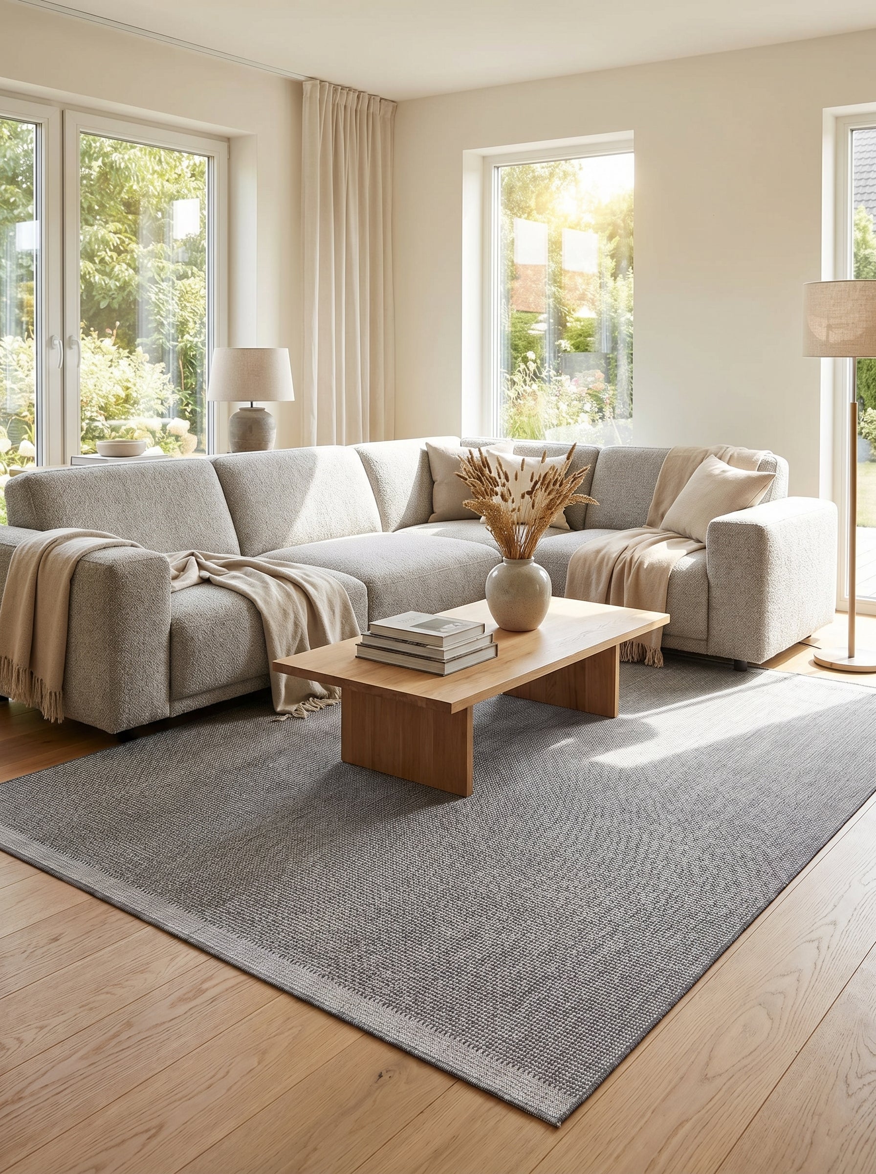 Tapis rectangulaire gris chiné à motif tissé subtil, avec une bordure unie, posé sur un parquet clair dans un salon lumineux