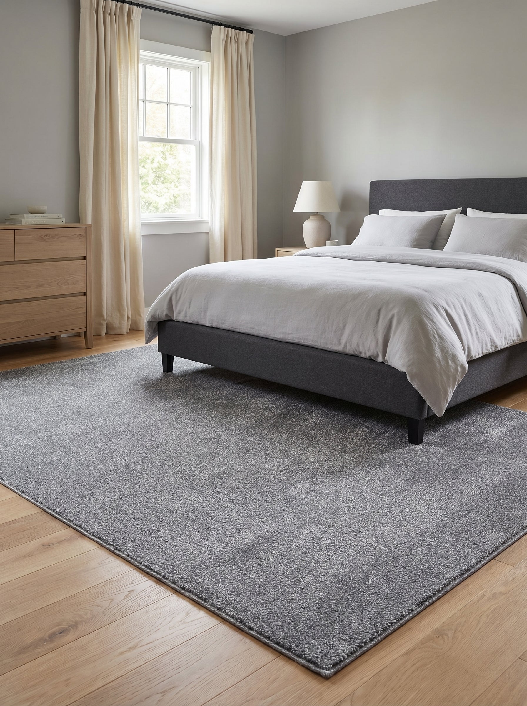 Grand tapis rectangulaire gris chiné à la texture douce, posé sur un parquet clair dans une chambre lumineuse