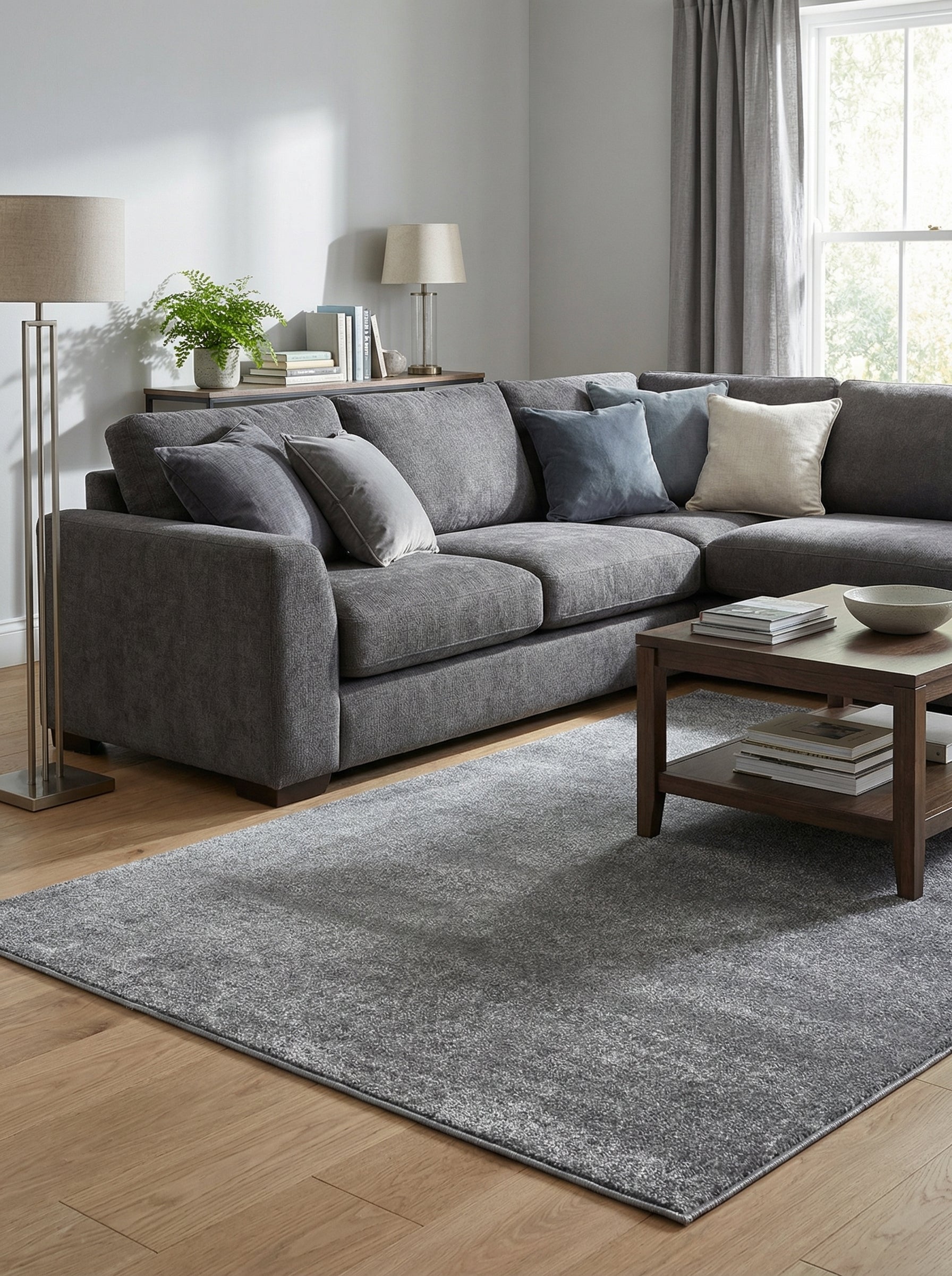 Grand tapis gris foncé à l'aspect chiné et moucheté, en fibres douces, sur un parquet clair dans un salon