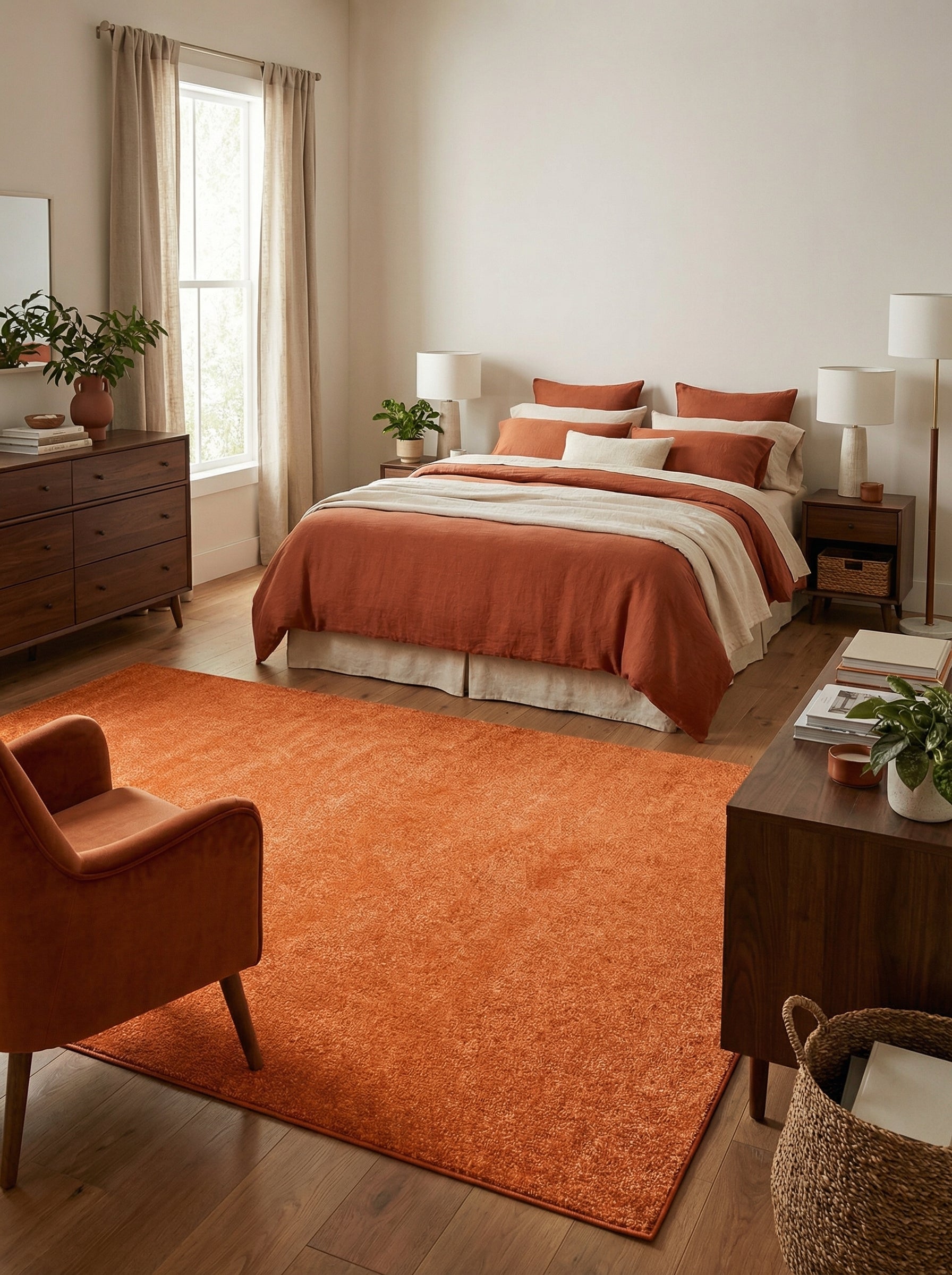 Tapis rectangulaire orange vif à texture shaggy sur un parquet en bois clair dans une chambre moderne
