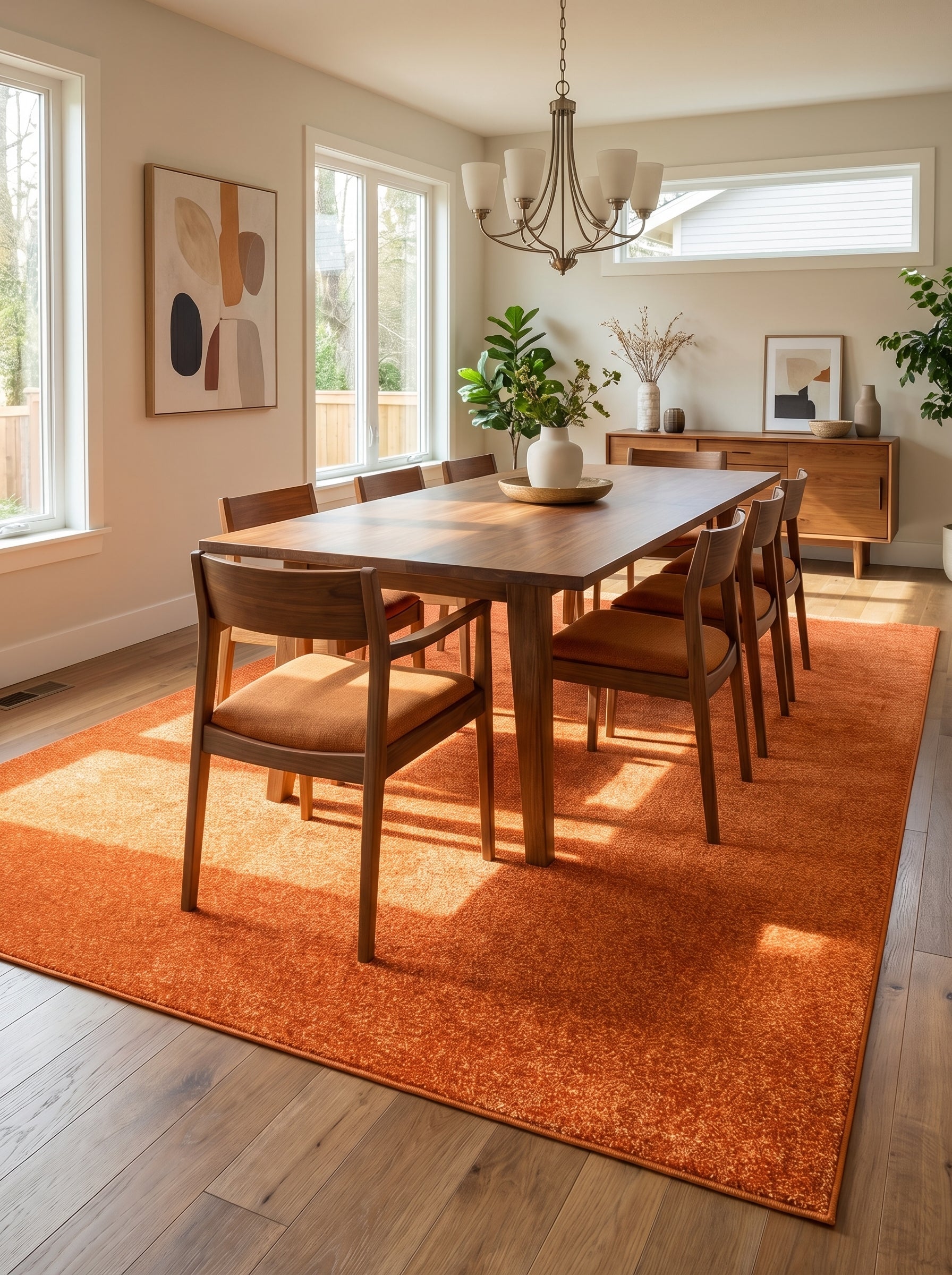 Tapis rectangulaire rouille à texture douce, placé sous une table en bois et ses chaises dans une salle à manger lumineuse