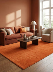 Grand tapis rectangulaire orange terre cuite, doux et légèrement texturé, occupant le sol d'un salon lumineux