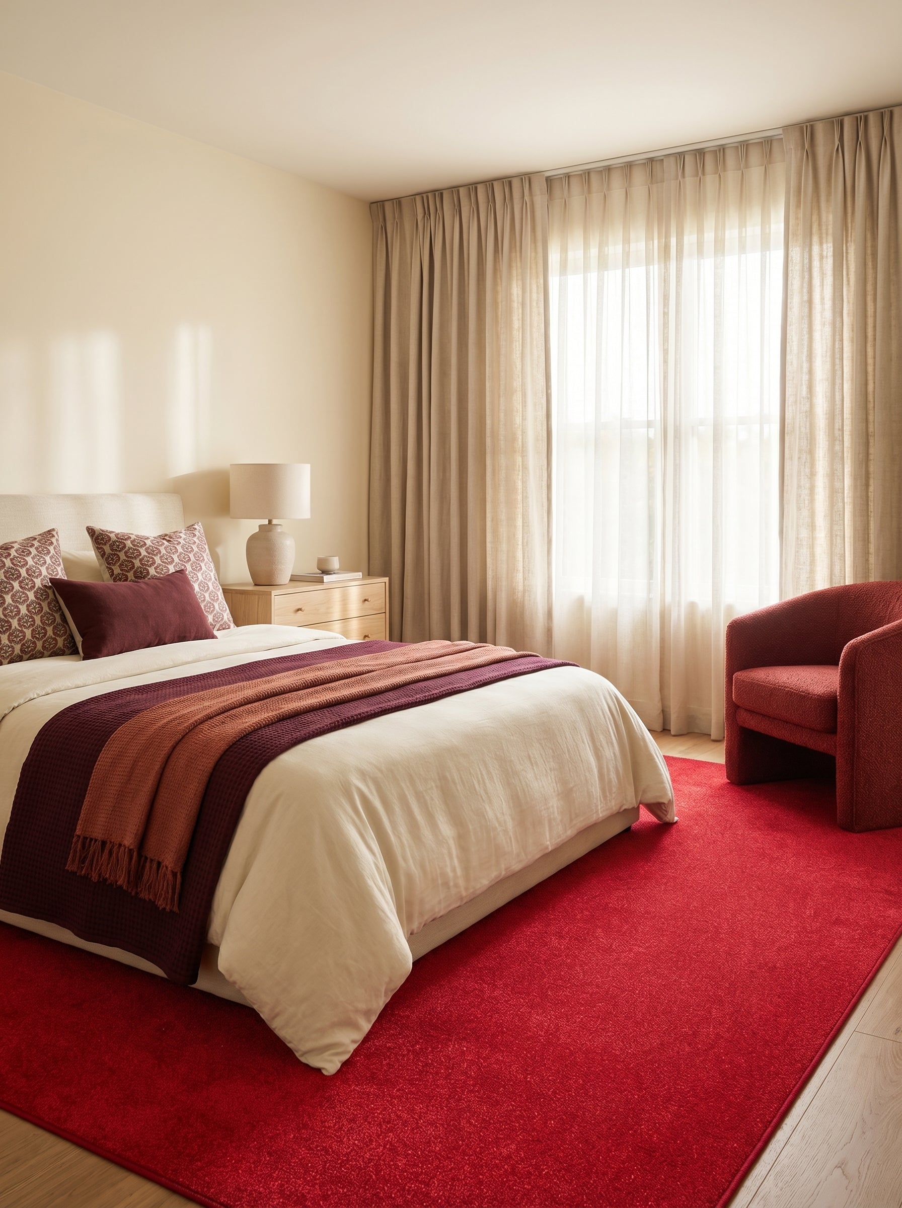 Tapis rectangulaire rouge vif à la texture douce et scintillante, occupant le sol d'une chambre élégante