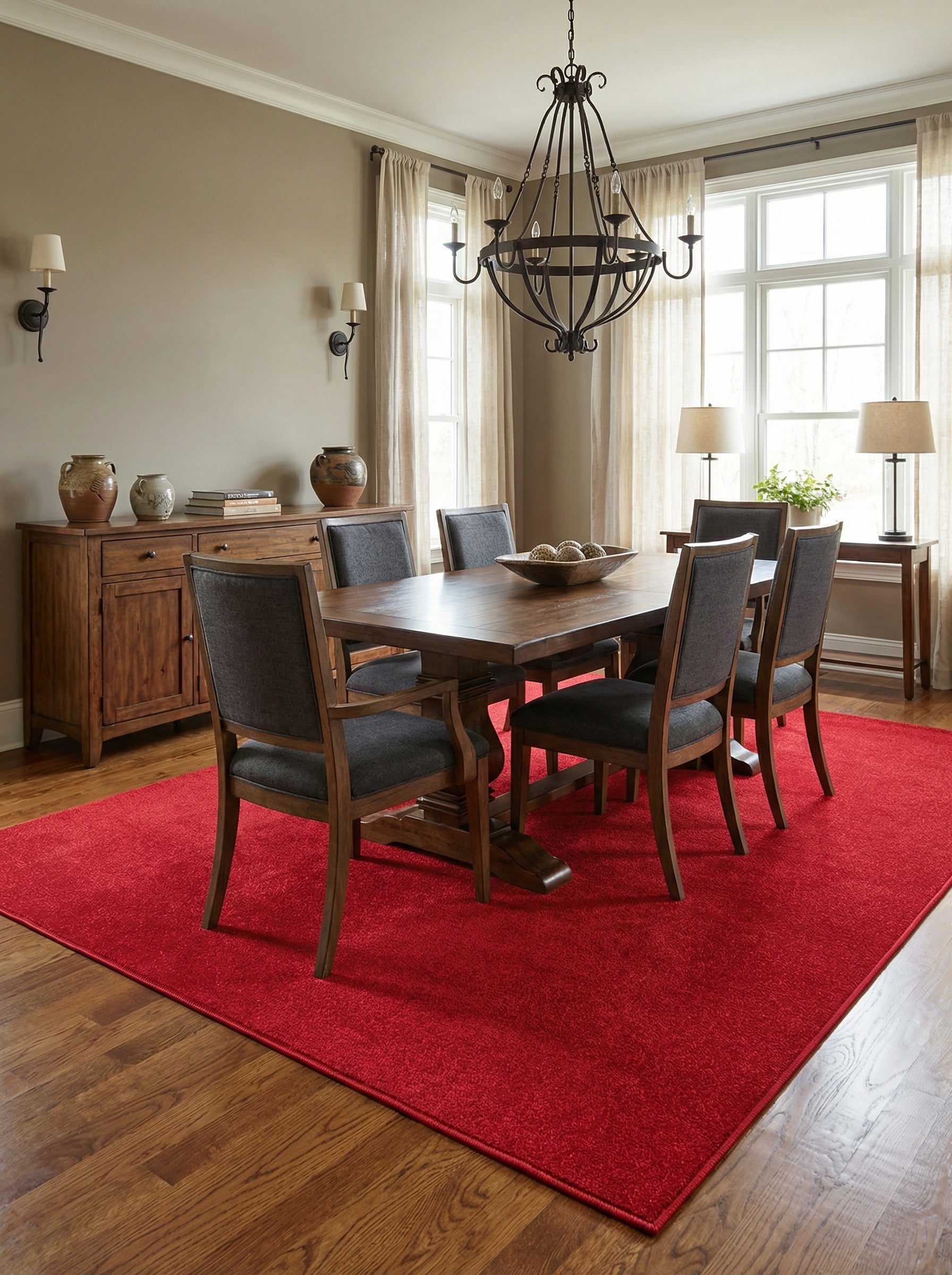 Tapis rectangulaire rouge vif avec une texture mouchetée, posé sous une table à manger en bois dans une salle à manger élégante