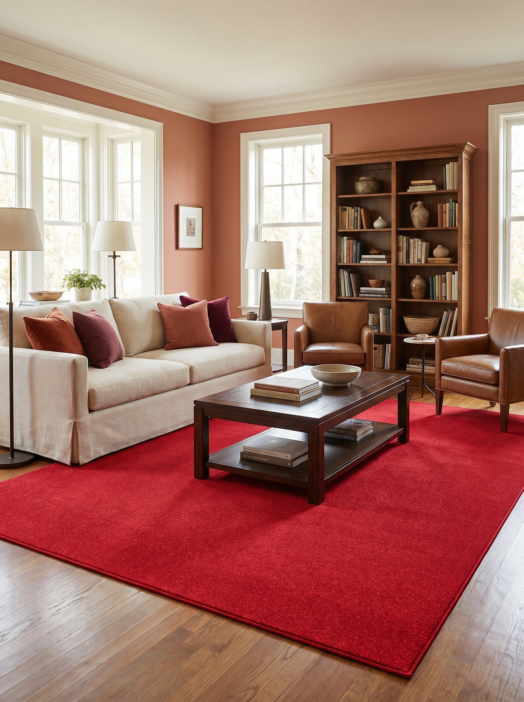 Tapis rectangulaire rouge vif et doux, posé sur un parquet en bois dans un salon lumineux