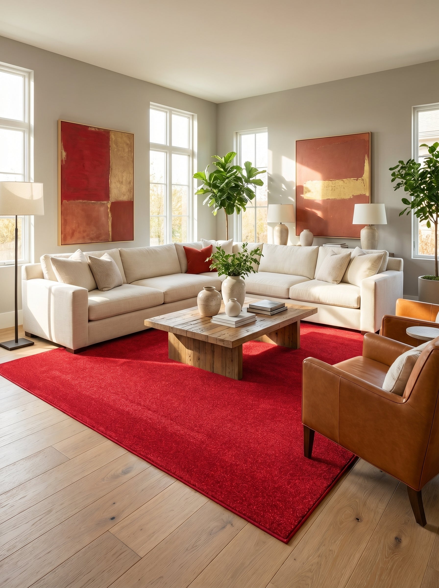 Tapis rectangulaire d'un rouge écarlate profond, à l'aspect moelleux et légèrement moucheté, dans un salon moderne