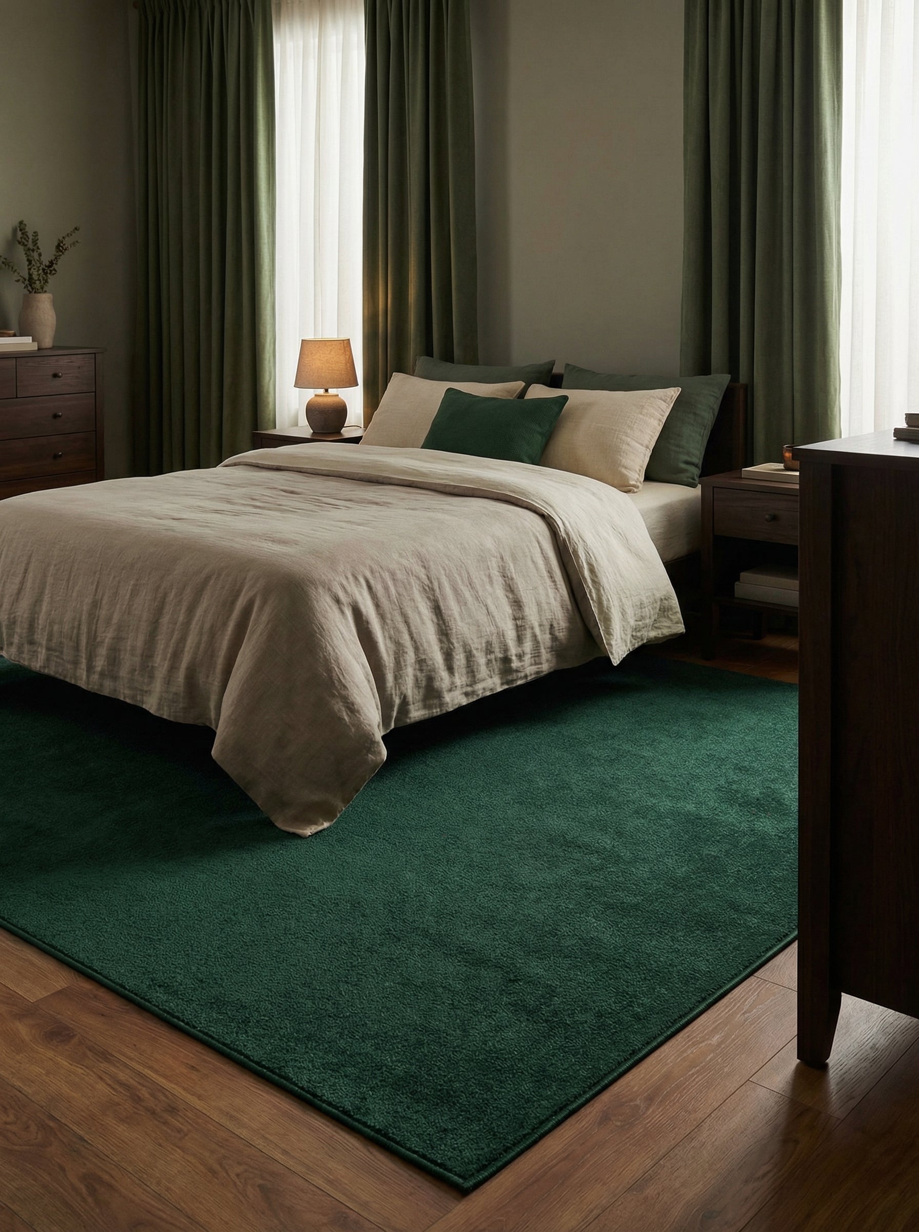 Tapis rectangulaire vert émeraude, à la texture dense et moelleuse, sur un parquet en bois clair dans une chambre