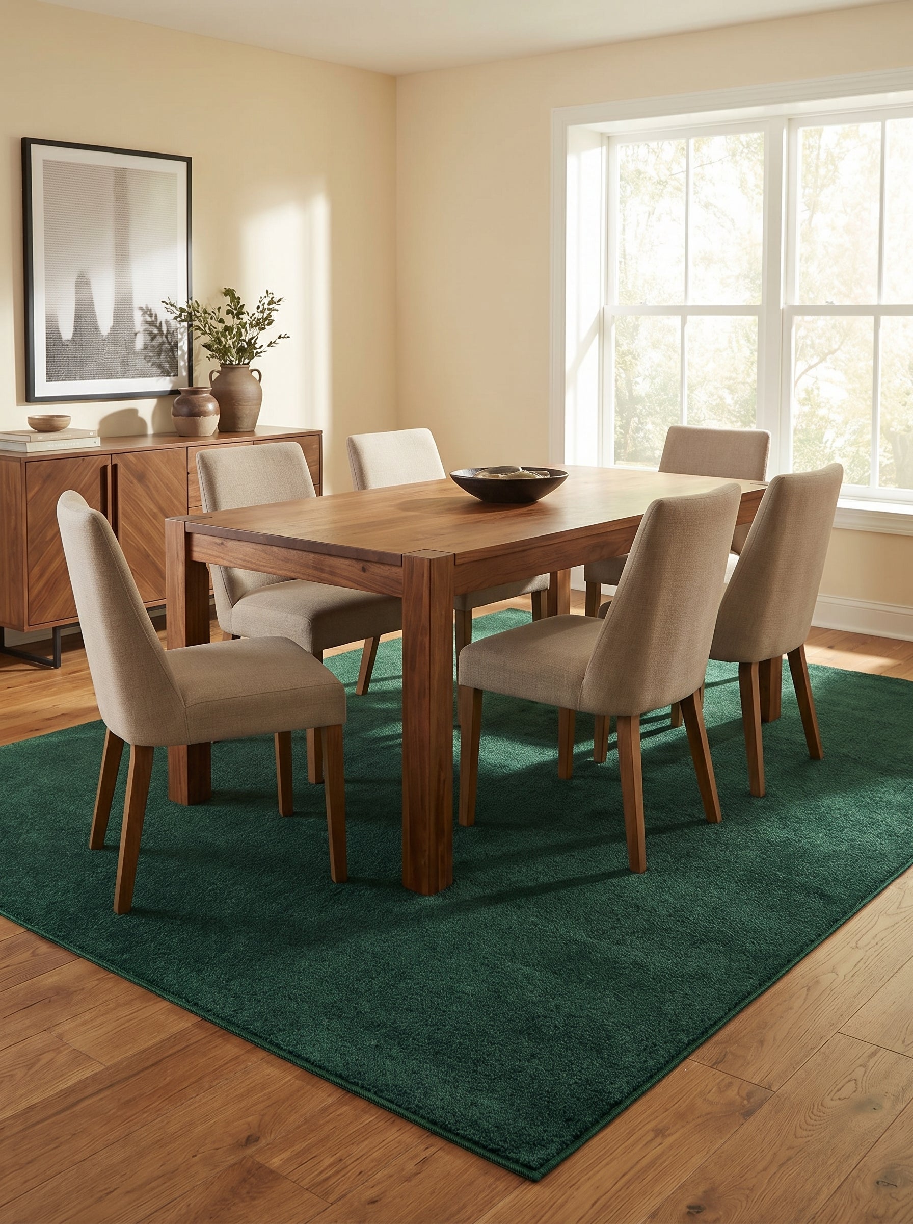 Tapis rectangulaire vert émeraude à poils courts sous une table de salle à manger