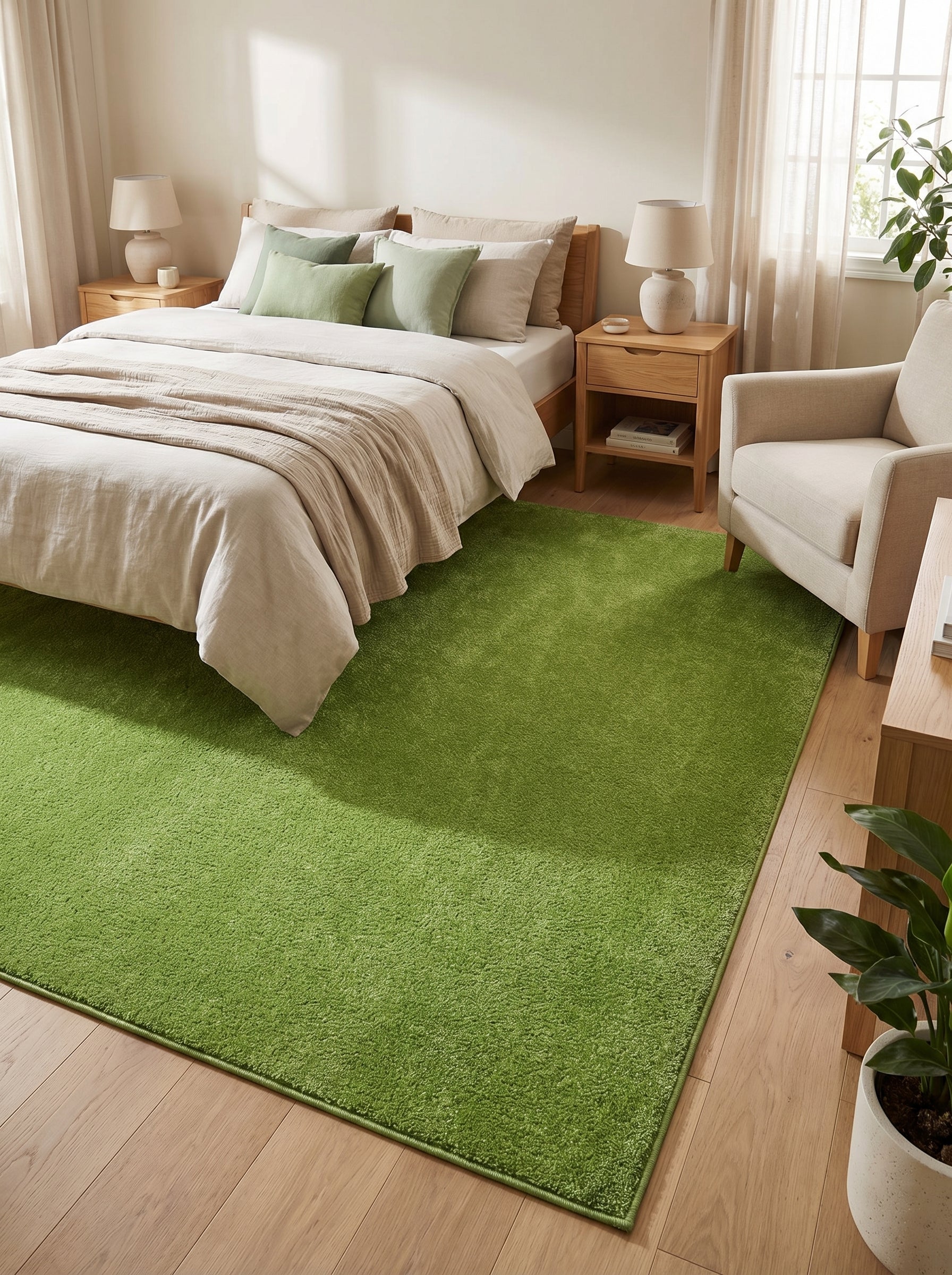Tapis rectangulaire vert pomme à poils longs et doux posé sur un parquet clair dans une chambre lumineuse