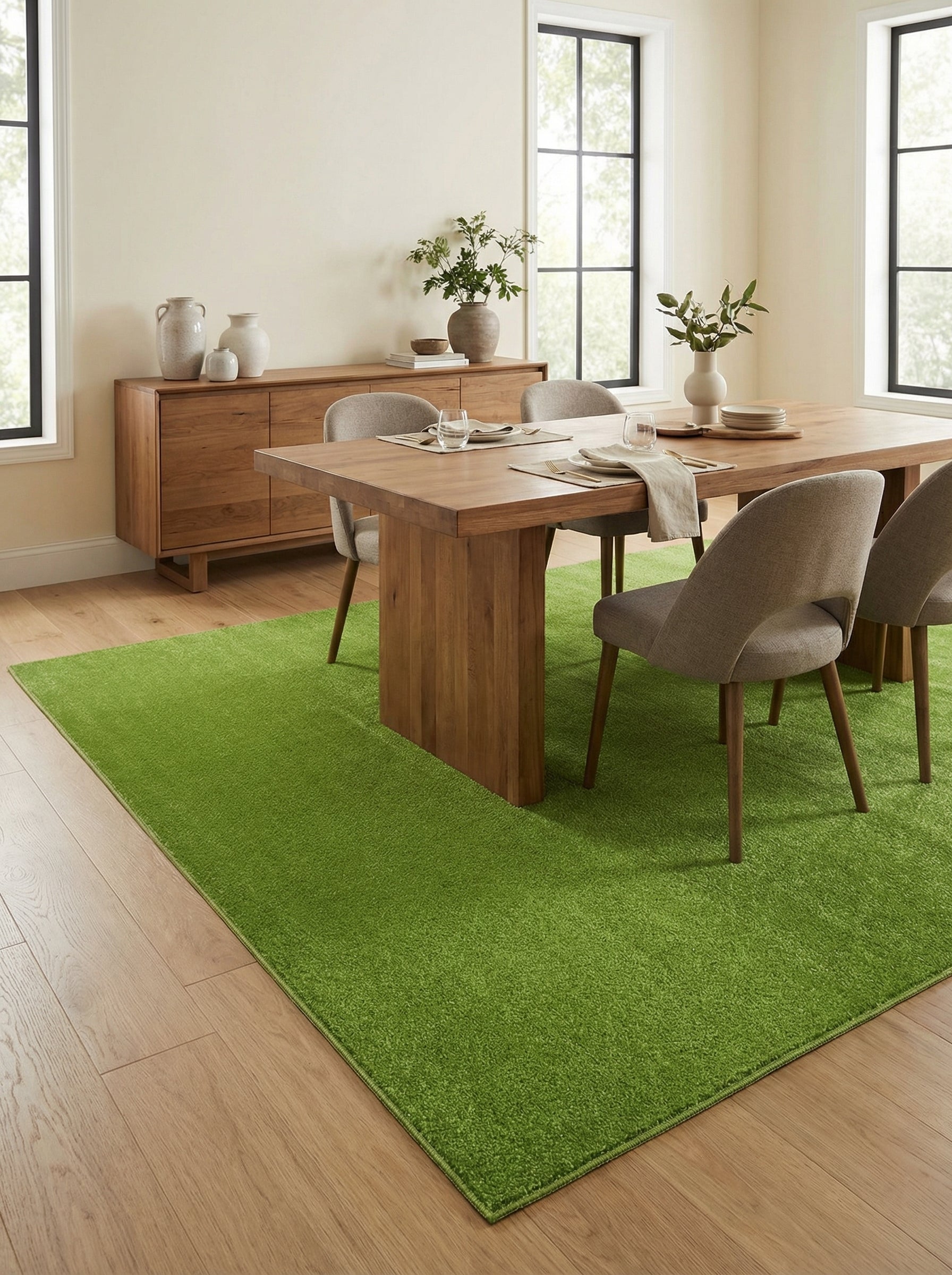 Tapis rectangulaire vert vif uni à poil court sous une table en bois dans une salle à manger moderne