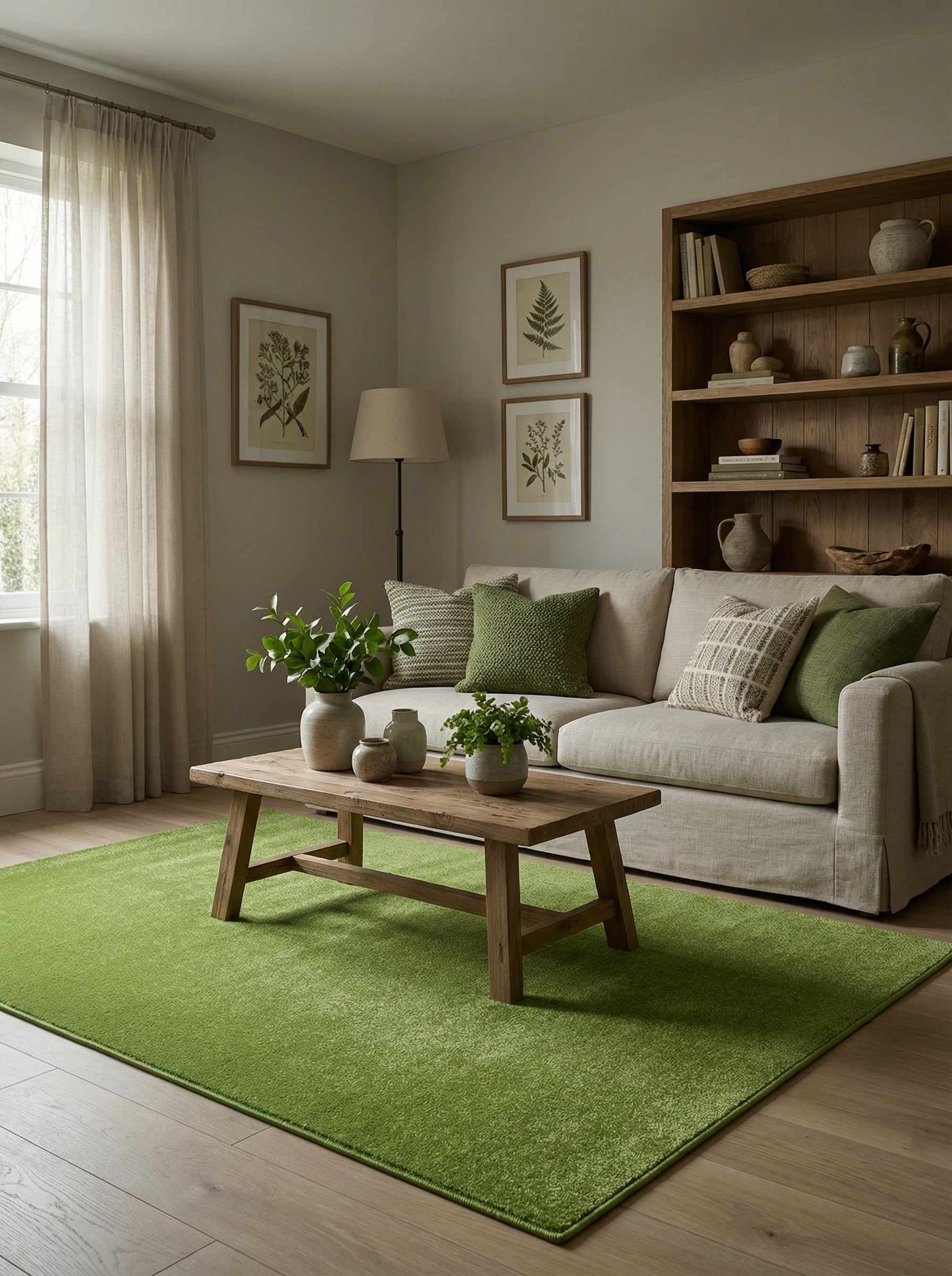 Tapis rectangulaire vert pomme à l'aspect légèrement chiné, au sol d'un salon lumineux