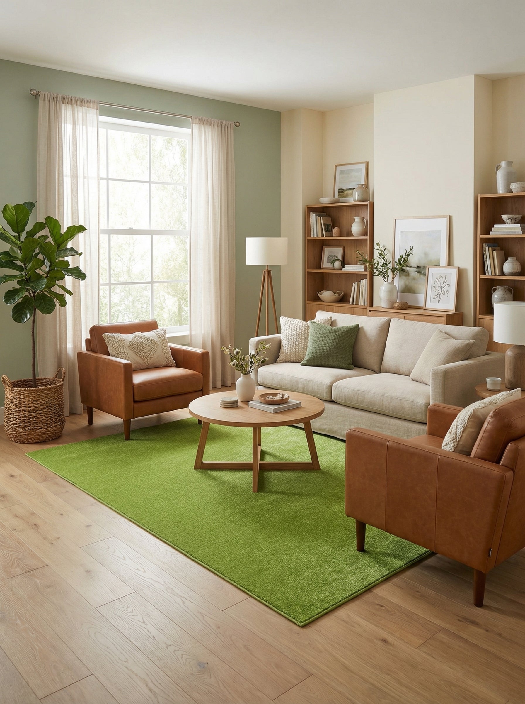 Tapis rectangulaire vert gazon, à poil court et doux, posé sur un parquet en bois clair dans un salon moderne