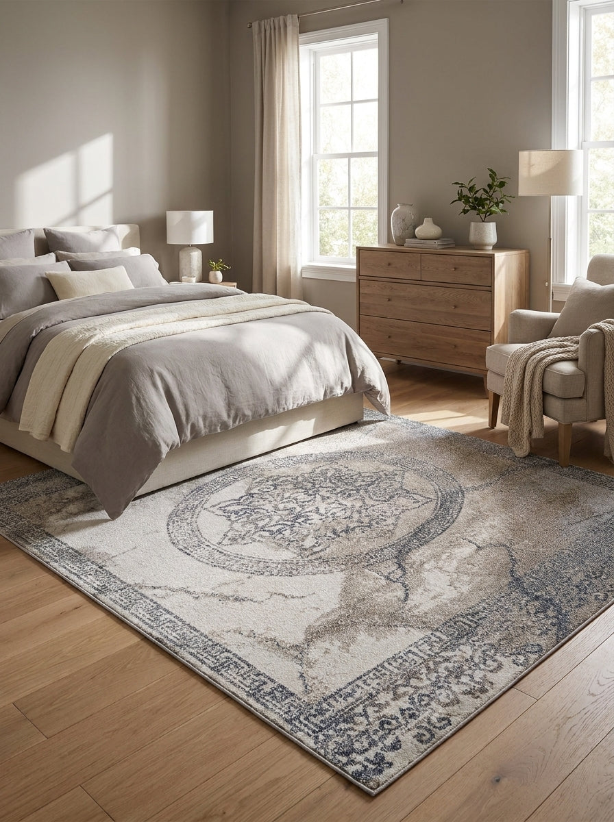 Tapis beige clair à motifs médaillon et bordures bleu marine, effet vieilli, dans une chambre