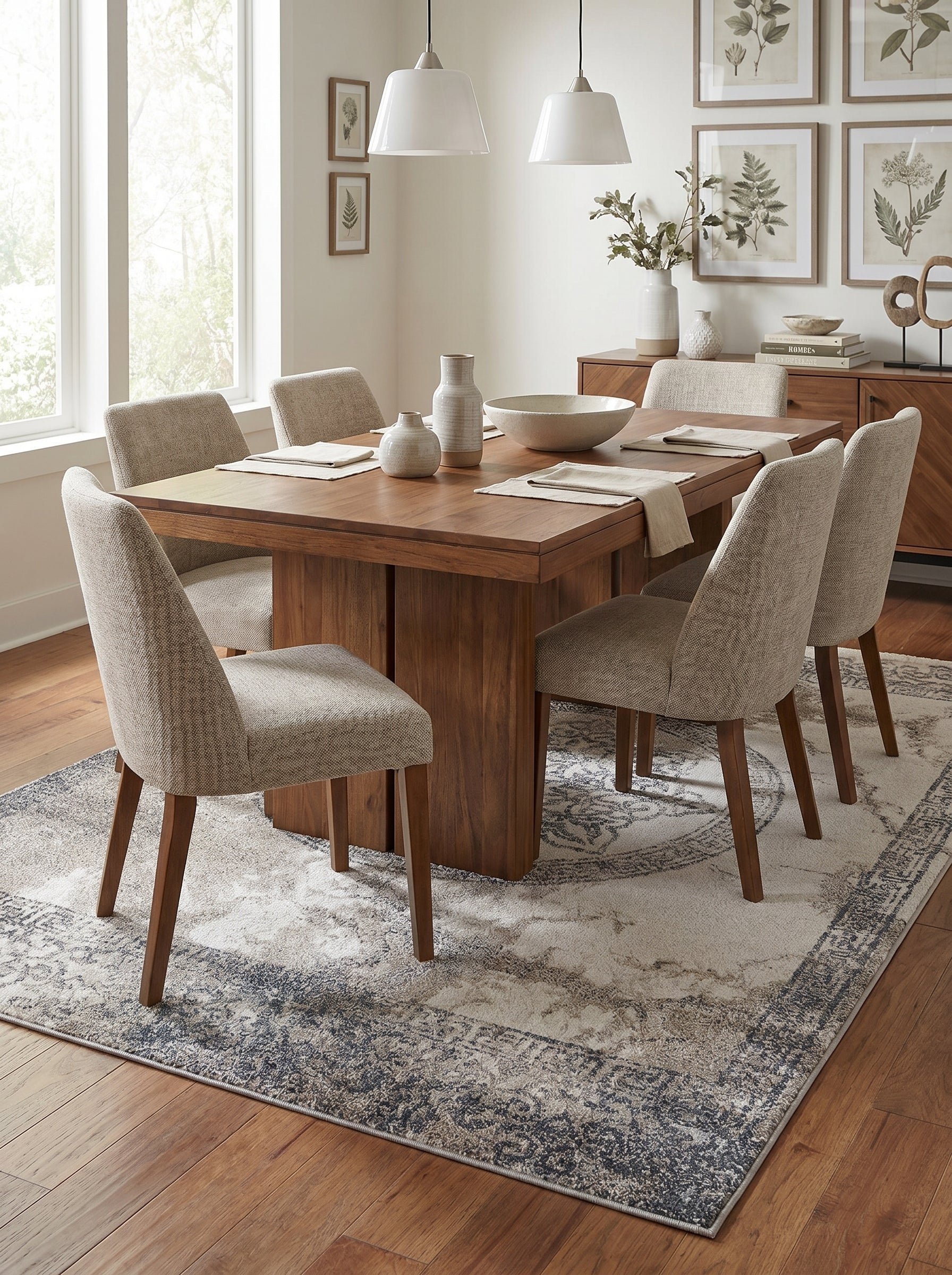 Tapis rectangulaire beige clair texturé avec des motifs traditionnels vieillis bleu foncé et gris, dans une salle à manger