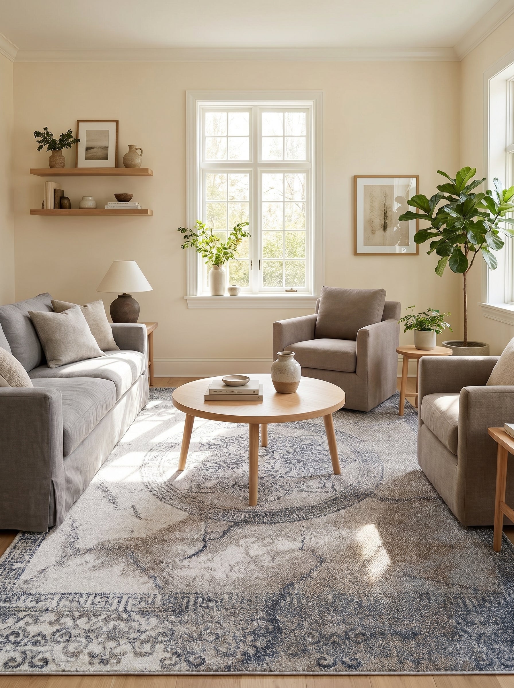 Tapis rectangulaire à motifs médaillon délavés en crème, bleu-gris et taupe, posé dans un salon moderne