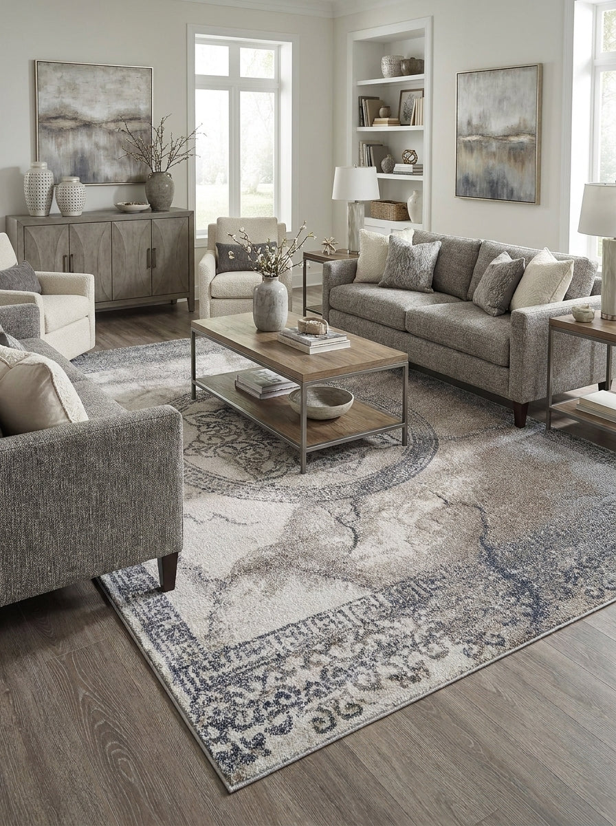 Tapis rectangulaire tissé à motifs traditionnels délavés, mêlant des teintes de beige, gris et bleu foncé, posé dans un salon