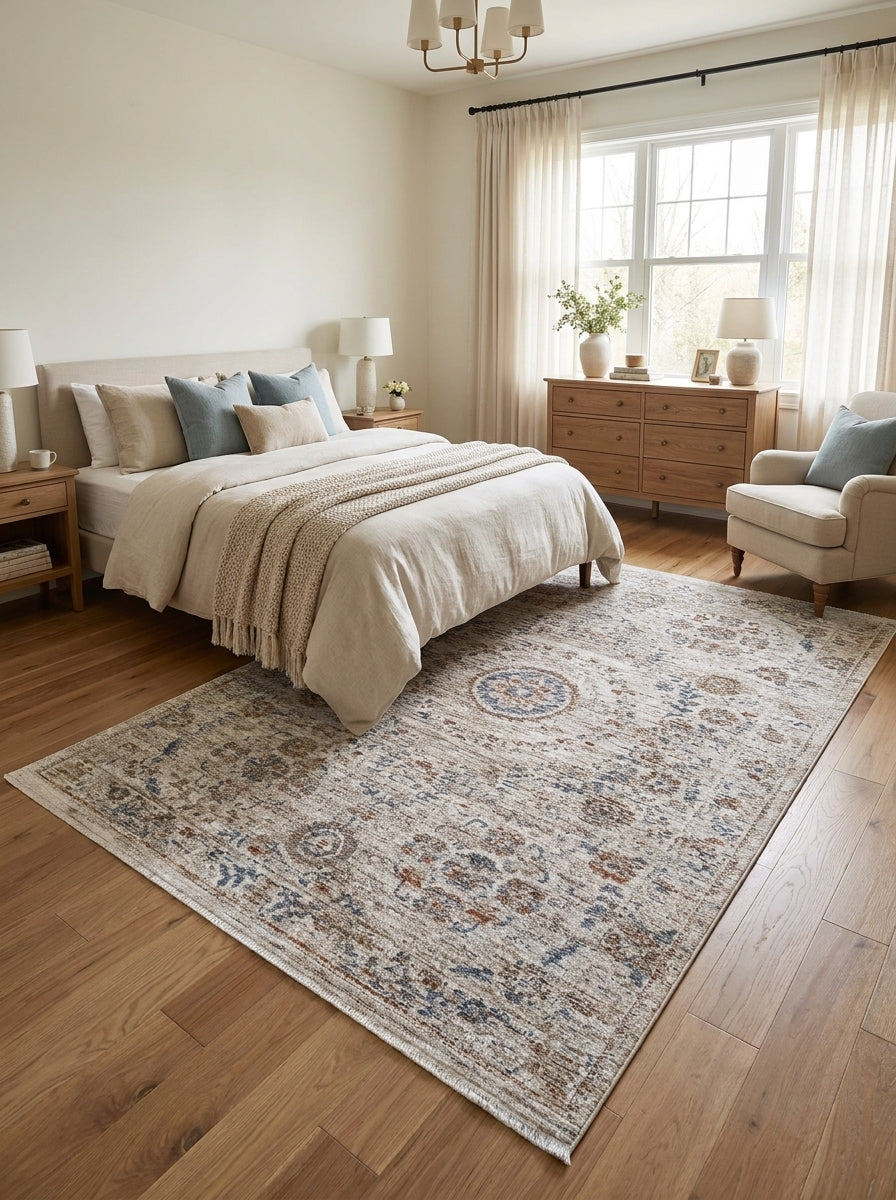 Tapis beige et gris à motifs classiques bleu marine, terracotta et crème, posé sur parquet dans chambre lumineuse