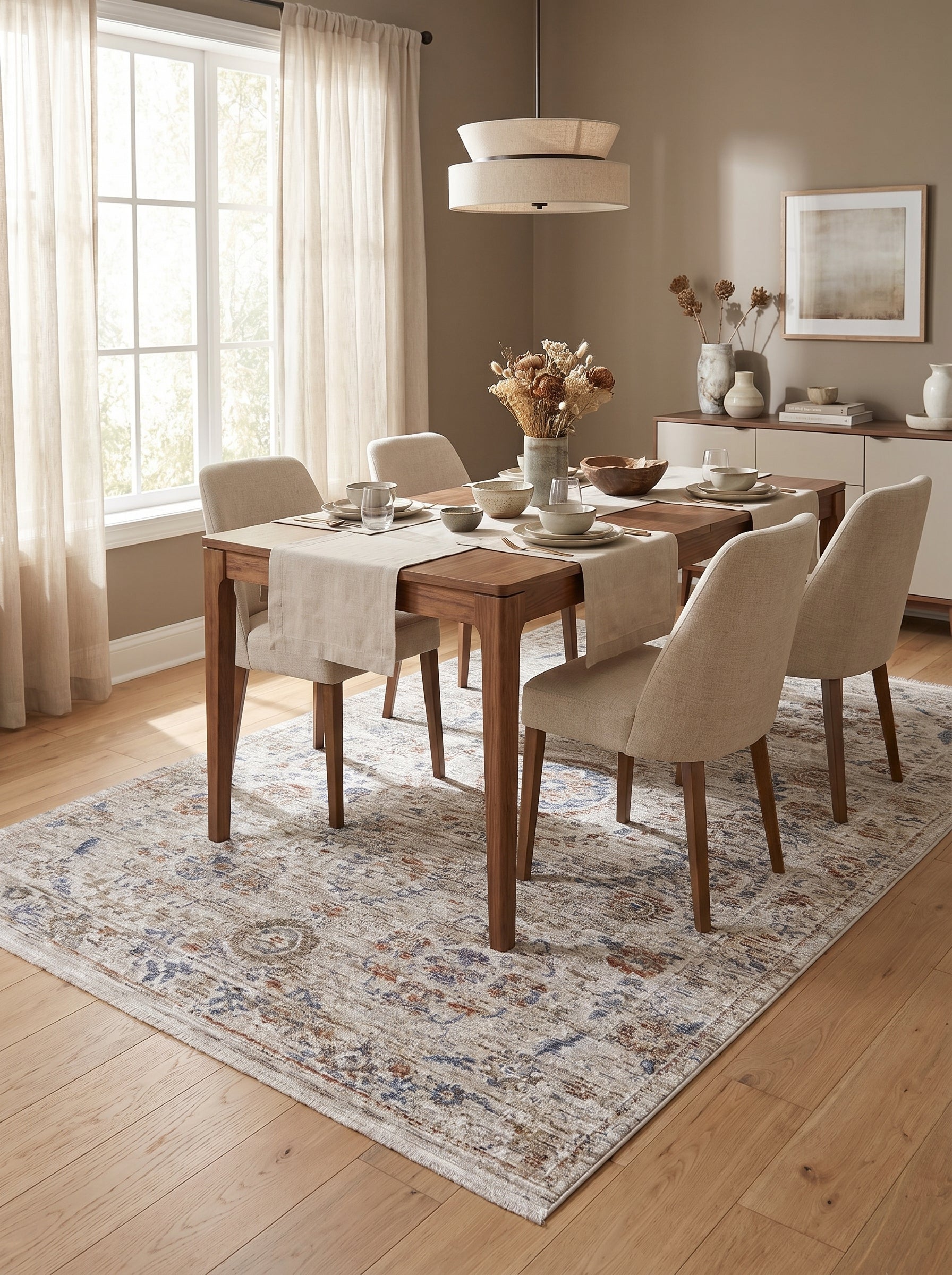 Tapis rectangulaire beige à motifs classiques délavés bleus, terre cuite et gris, dans une salle à manger