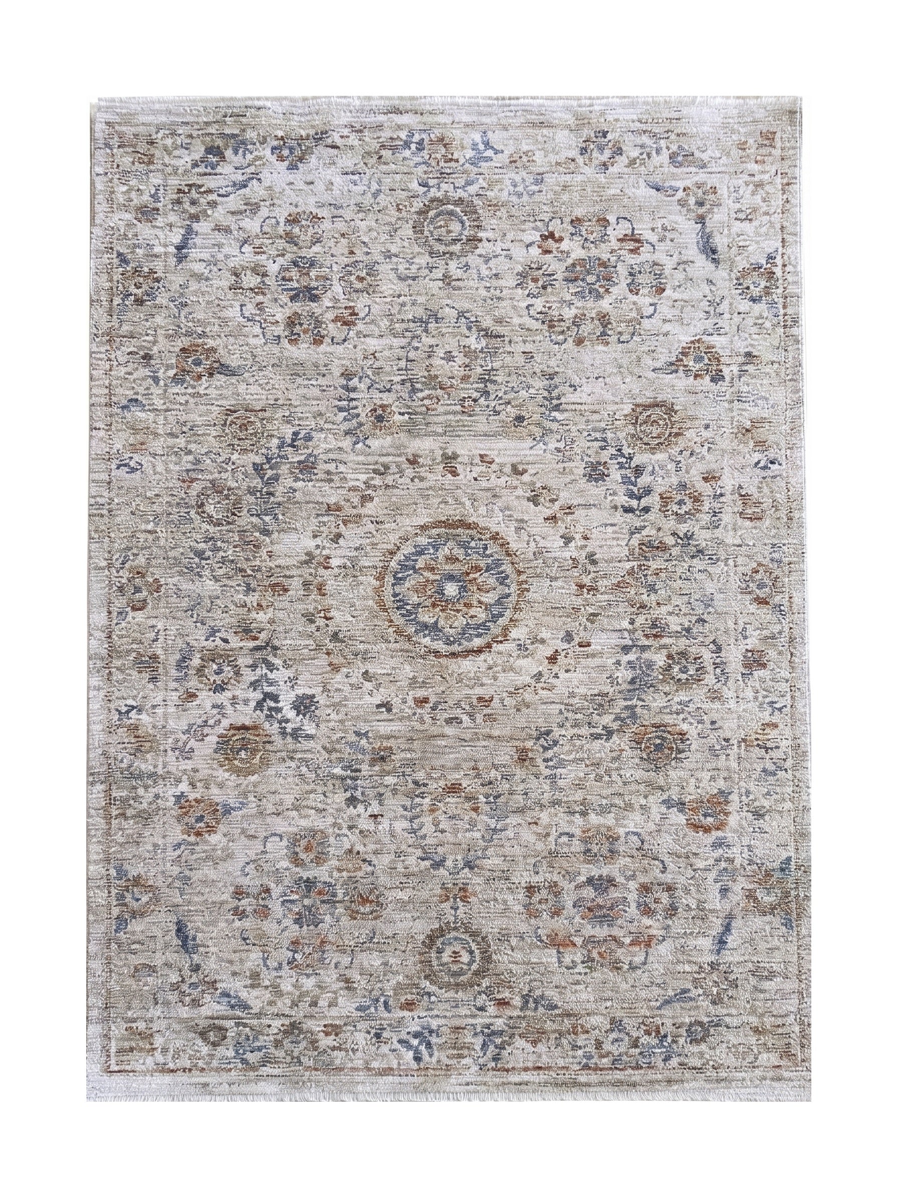 Tapis vieilli floral beige, bleu et rouille avec médaillon central et franges