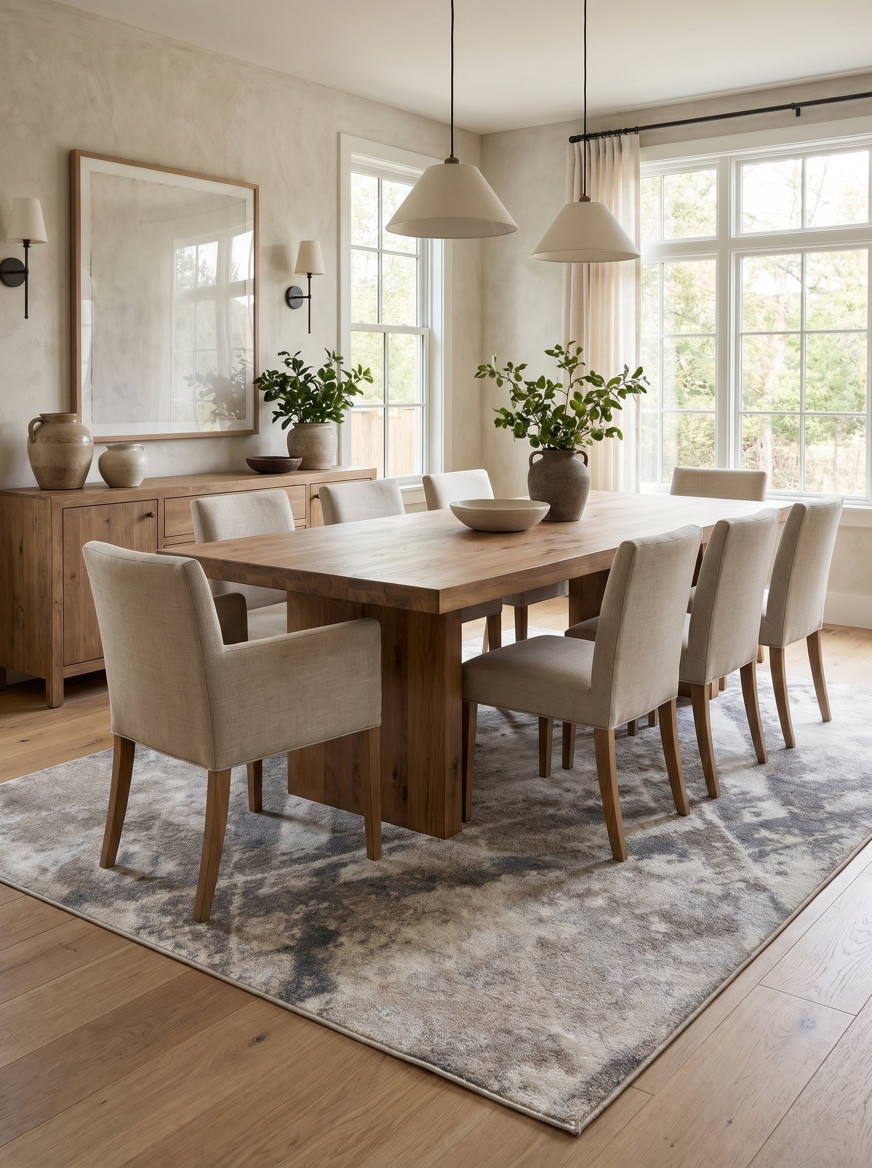 Tapis rectangulaire à motifs abstraits délavés gris et beige, posé sur un parquet sous une table de salle à manger