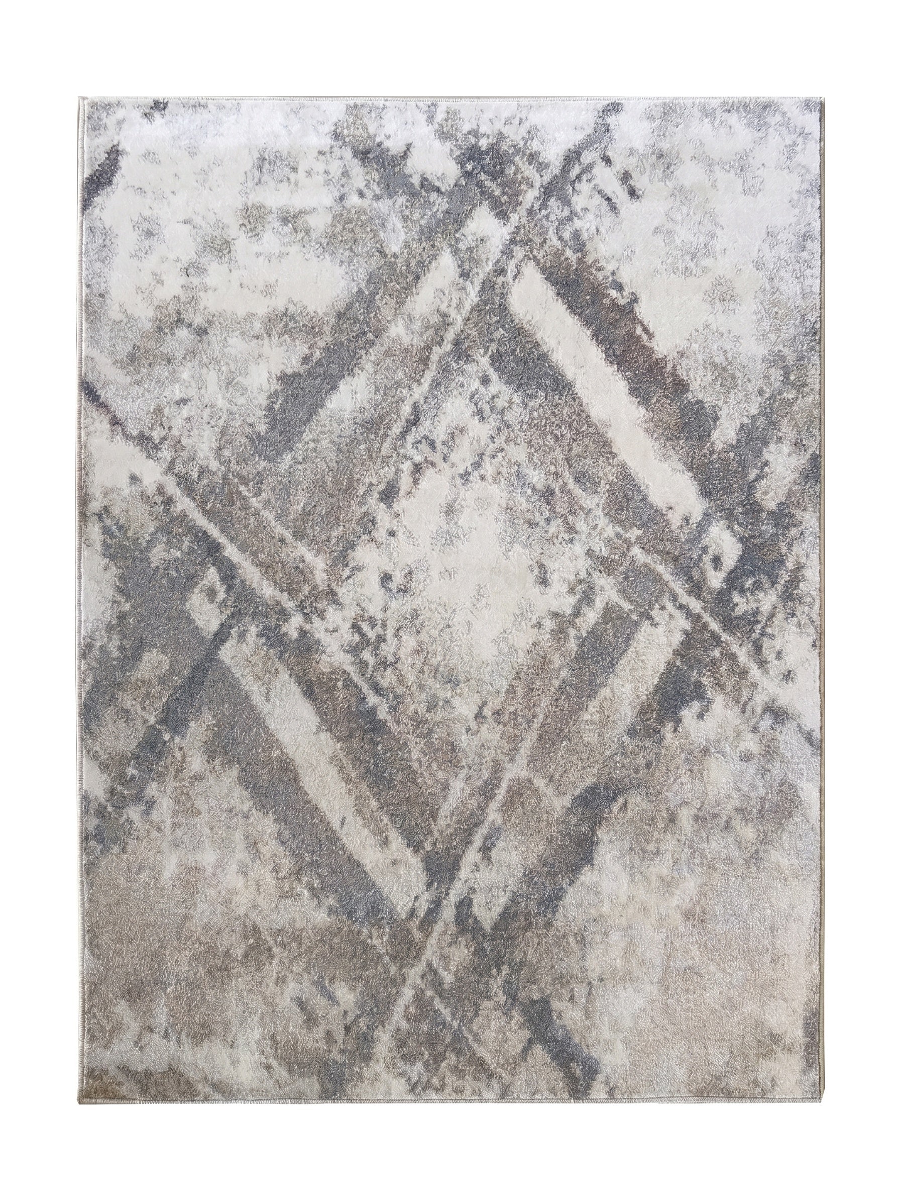 Tapis contemporain aux tons gris et beige, avec un motif abstrait texturé rappelant des coups de pinceau