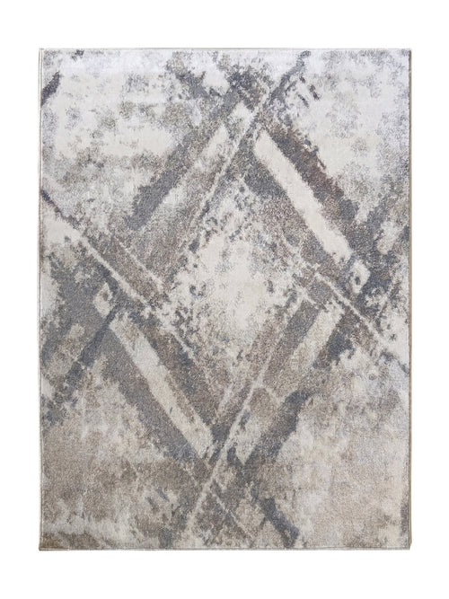 Tapis contemporain aux tons gris et beige, avec un motif abstrait texturé rappelant des coups de pinceau