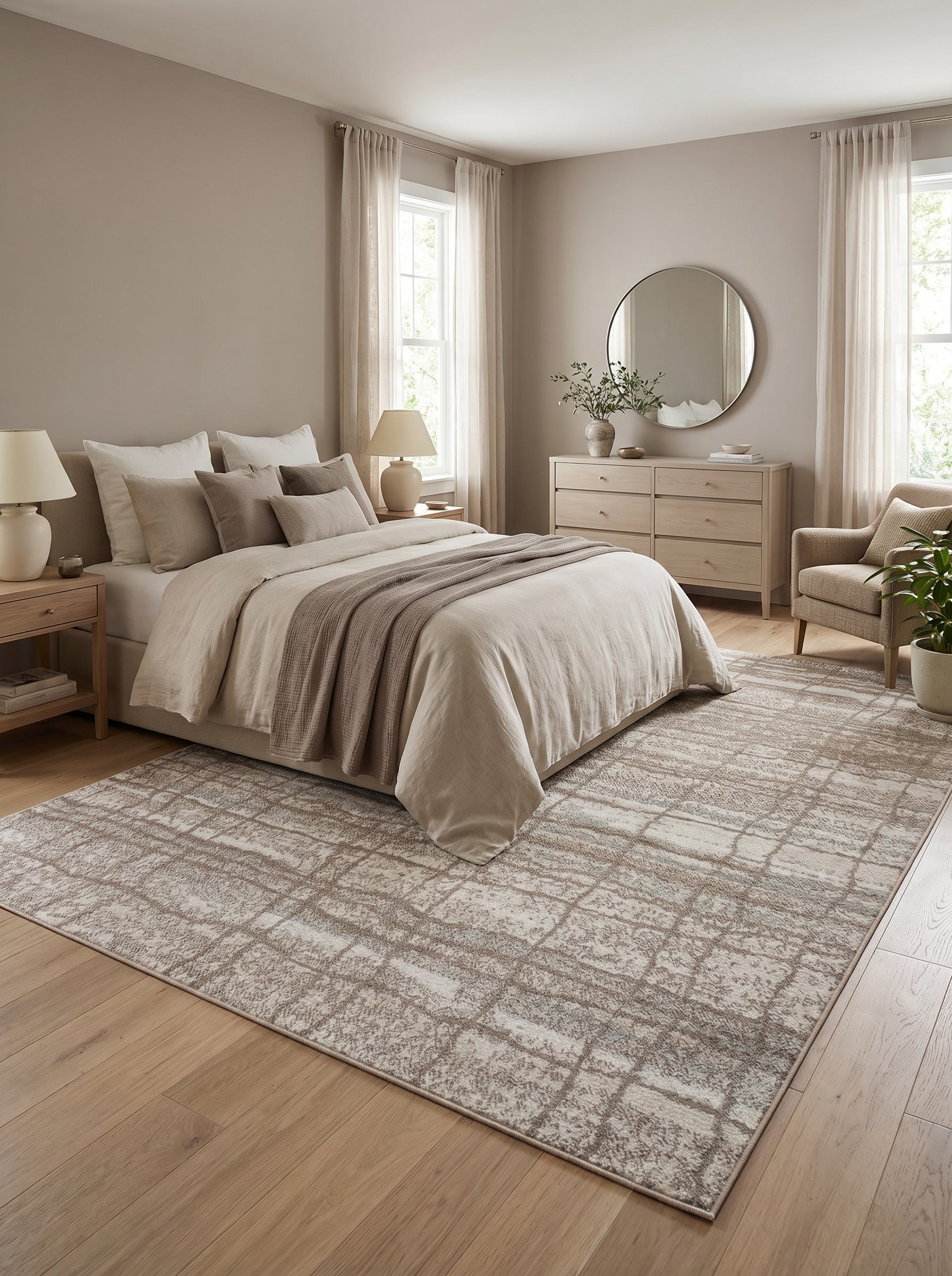 Tapis rectangulaire aux motifs géométriques texturés beiges et marron clair, dans une chambre douillette