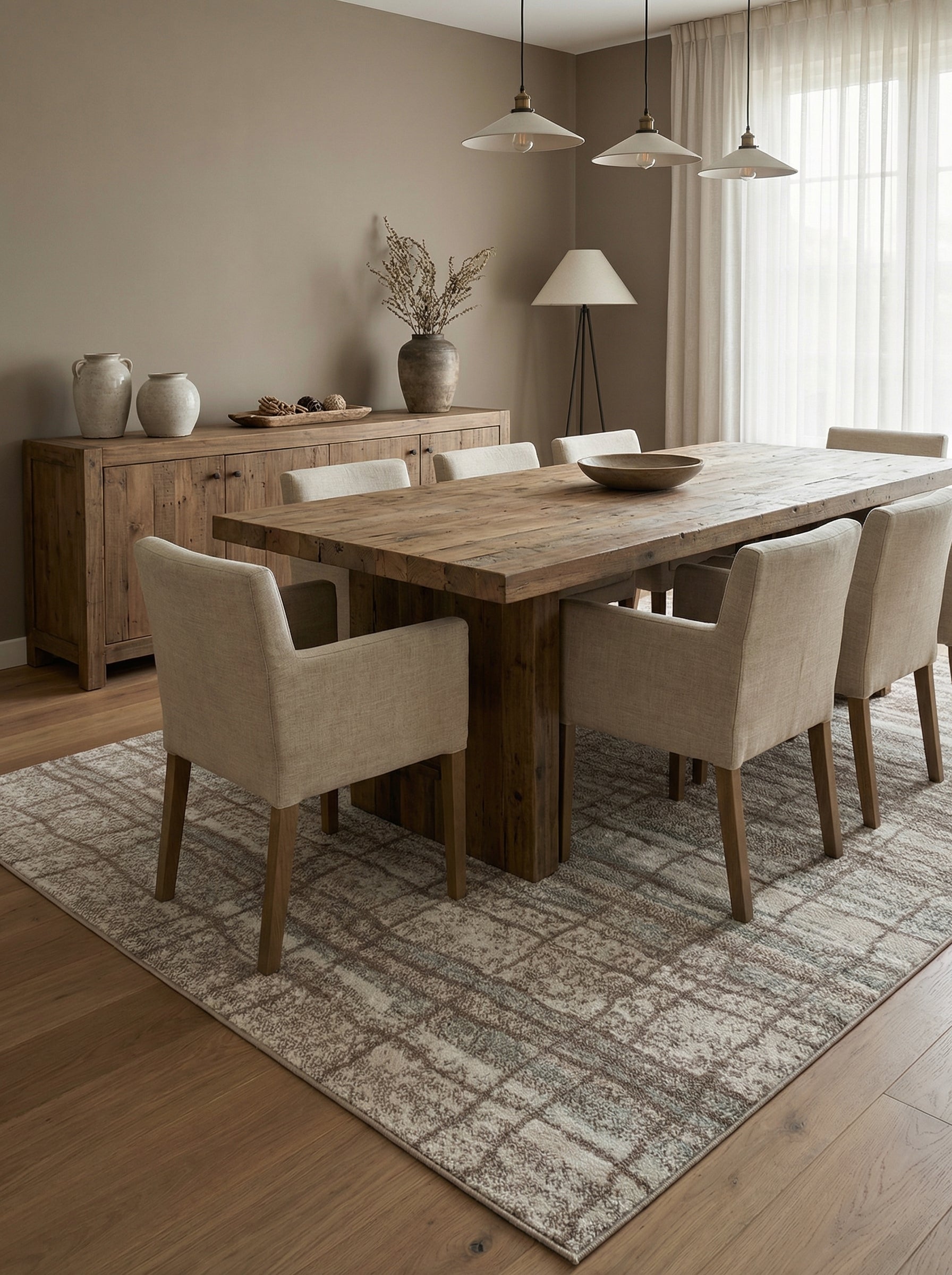 Tapis rectangulaire tissé aux motifs géométriques abstraits en tons de beige, marron et gris, sous une table de salle à manger