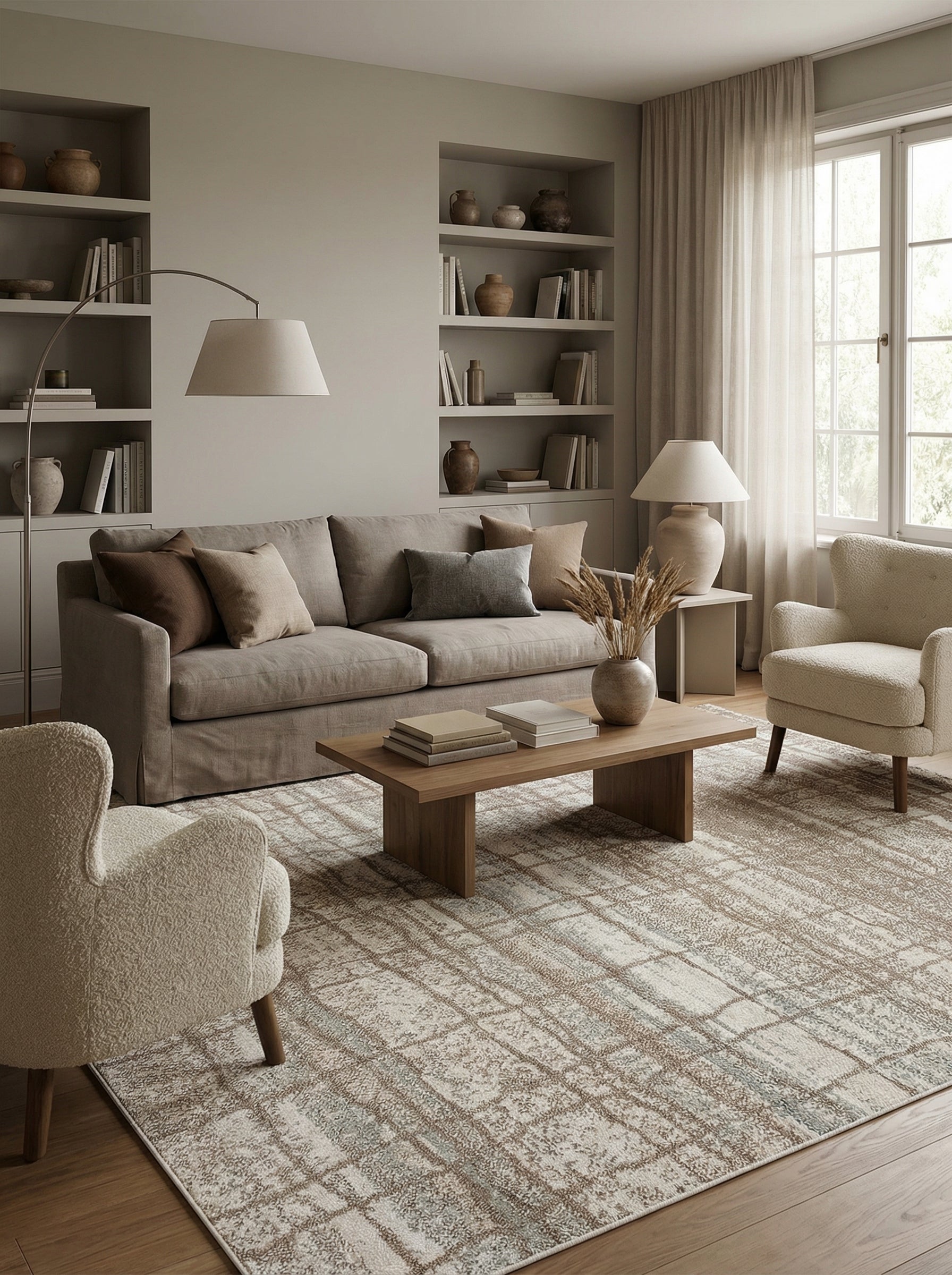 Tapis rectangulaire à motifs de carreaux et lignes abstraites, teintes crème, brun et gris-bleu, posé dans un salon moderne