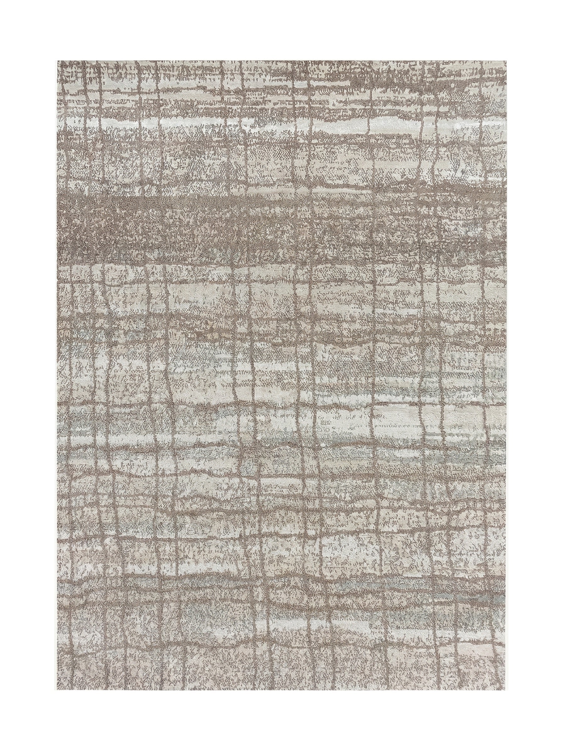 Tapis texturé beige et blanc cassé, orné d'un motif abstrait quadrillé et de bandes horizontales
