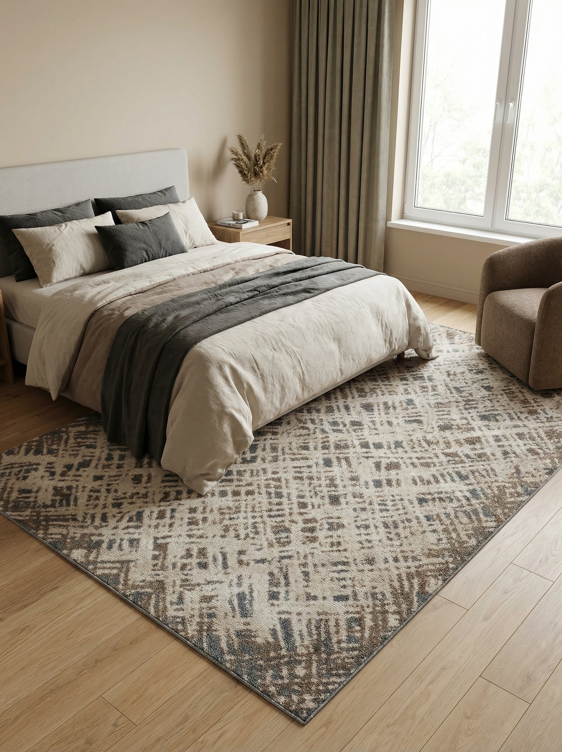 Tapis rectangulaire clair avec motifs abstraits géométriques marron, taupe et bleu-gris, dans une chambre aux tons neutres