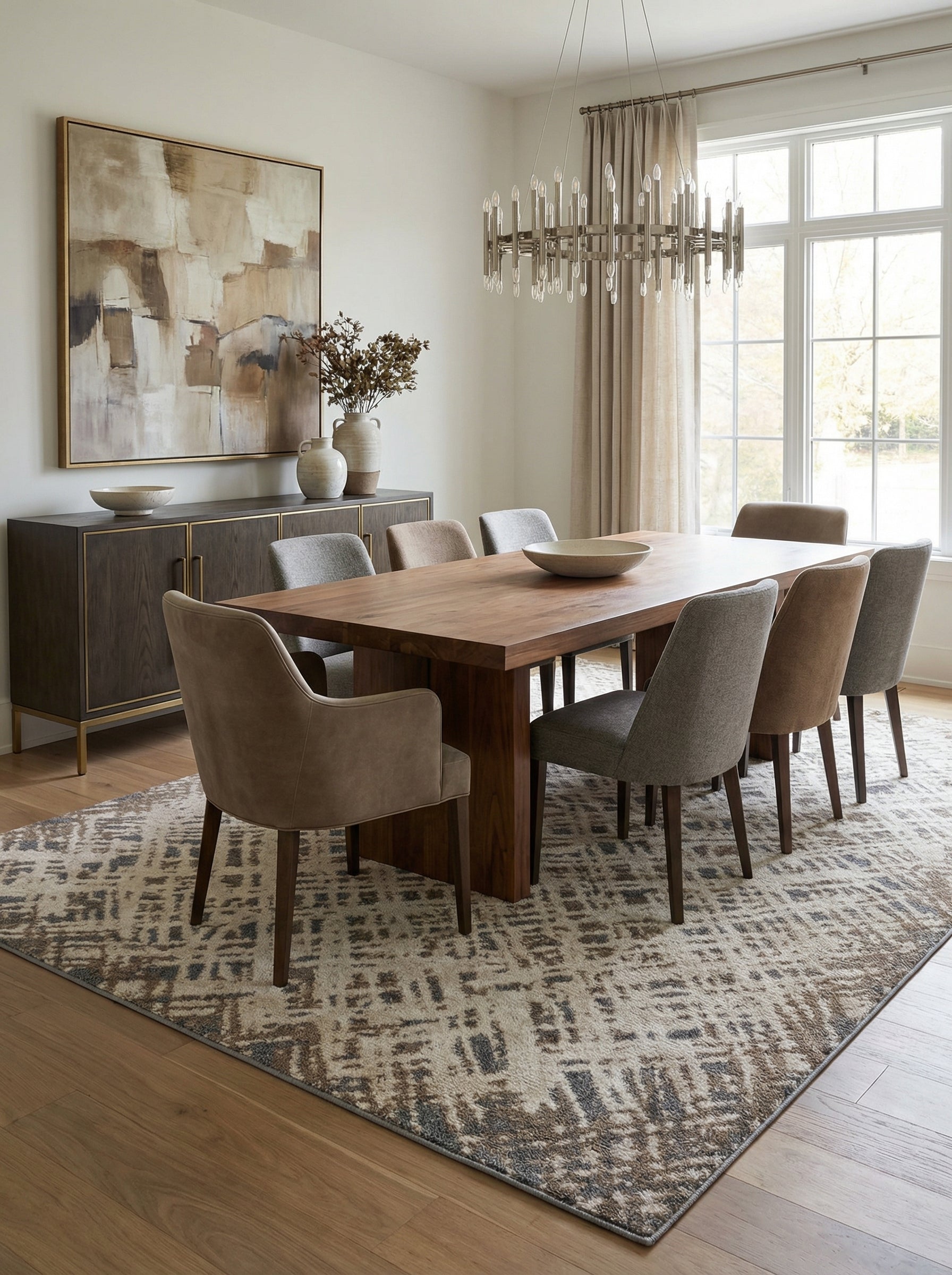 Tapis rectangulaire beige à motifs abstraits irréguliers marron foncé et gris, sur le sol d'une salle à manger