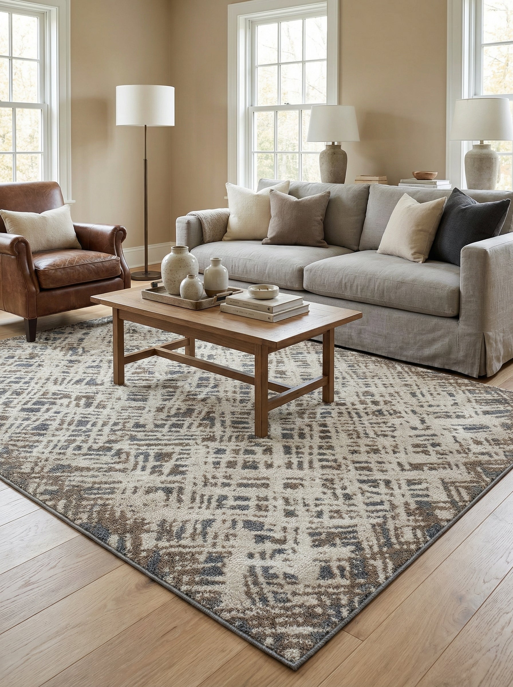 Grand tapis rectangulaire crème à motifs géométriques fragmentés marron et gris-bleu, dans un salon avec parquet clair