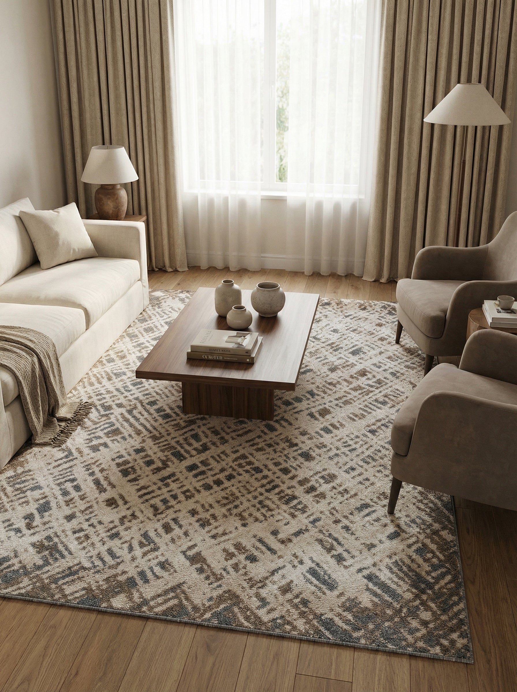 Tapis rectangulaire texturé aux motifs abstraits irréguliers beige, marron et bleu-gris sur un parquet dans un salon